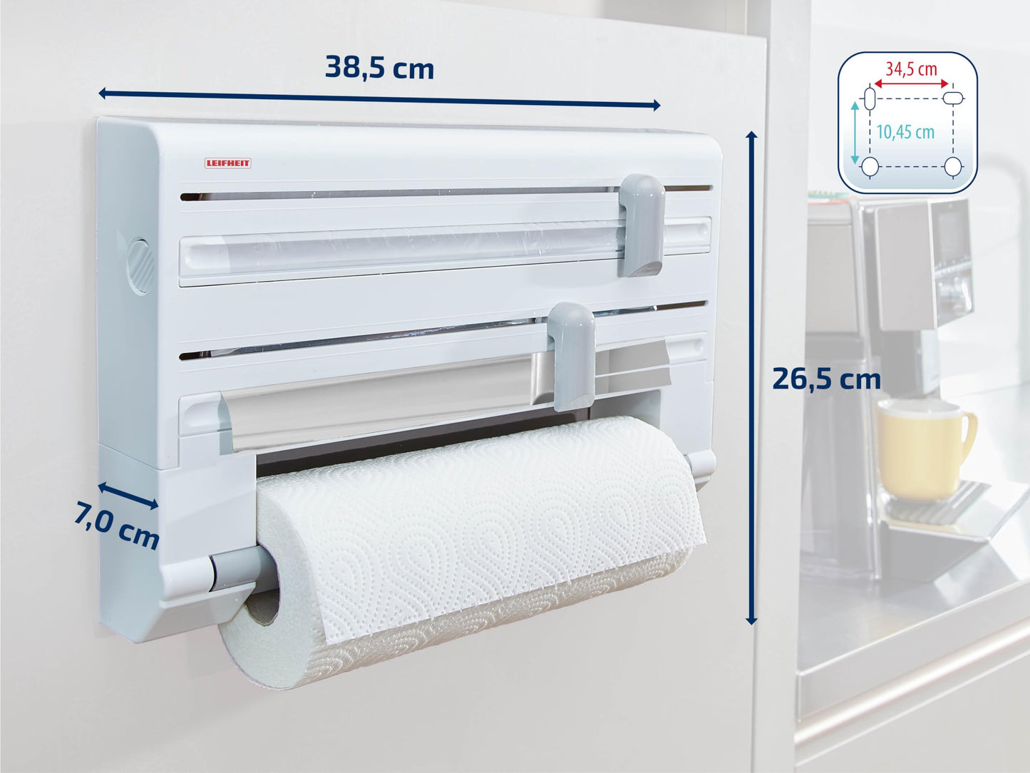 Leifheit Wall-Mounted Paper Towel Holder Parat ComfortLine Series for 3 rolls, clean cut edges with practical cutting blade, kitchen roll holder with foil cutter ensures convenient foil ends.