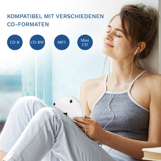 KLIM Discman - Portable CD player with built-in battery - NEW - includes KLIM Fusion headphones. Compact Mini Portable CD Player, compatible with CD-R, CD-RW, and MP3 - Discman CD Player - White.