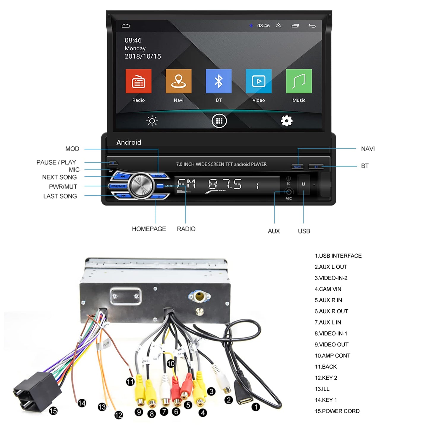 CAMECHO DAB+ Android car stereo 1 Din with navigation, 7 inch retractable screen with Bluetooth hands-free calling Mirror-Link AUX-in FM USB+backup camera & microphone