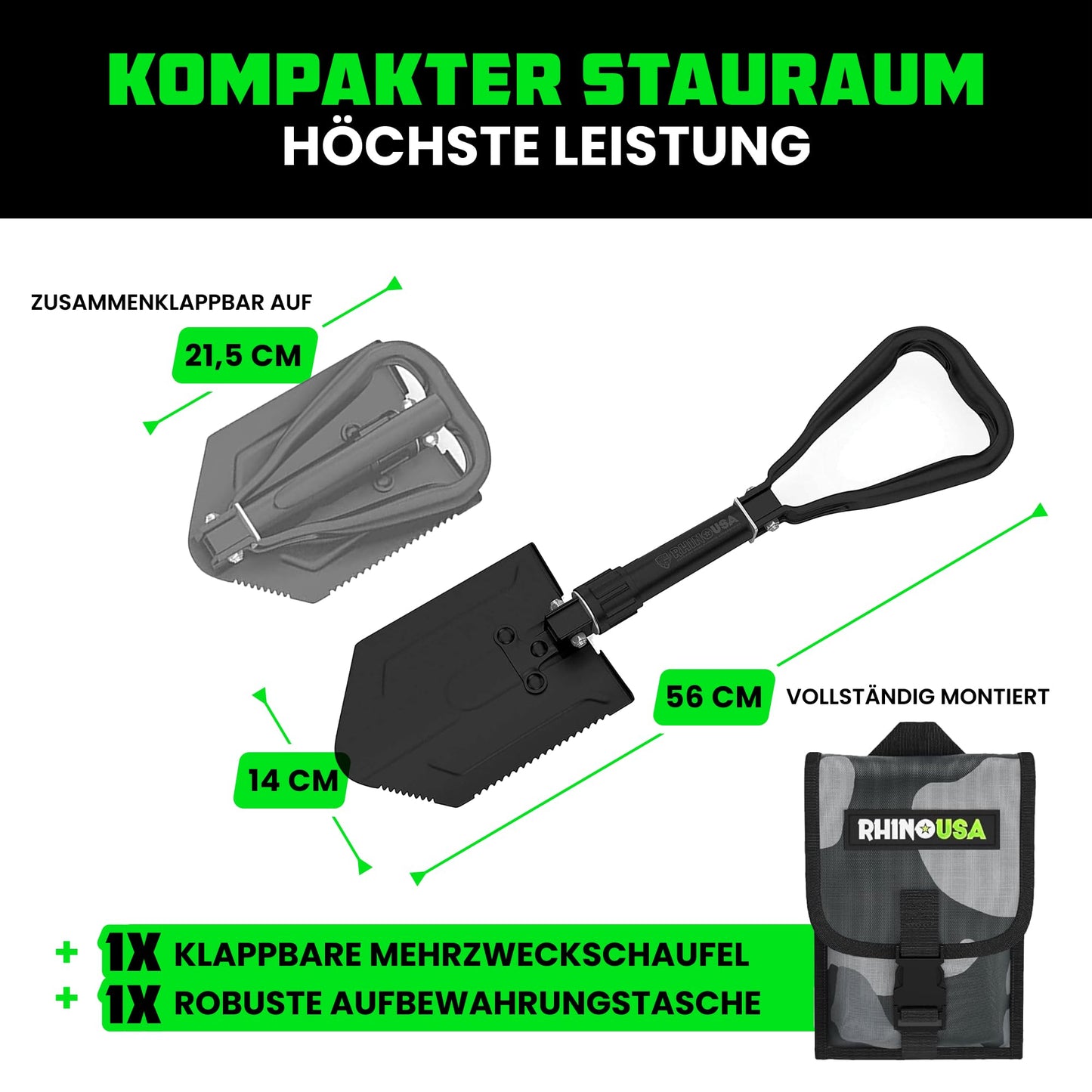 Rhino USA Folding Shovel with Pick for Survival Gear - Carbon Steel Folding Shovel for Outdoor Equipment, Camping gear, as a garden shovel, beach shovel and snow shovel.