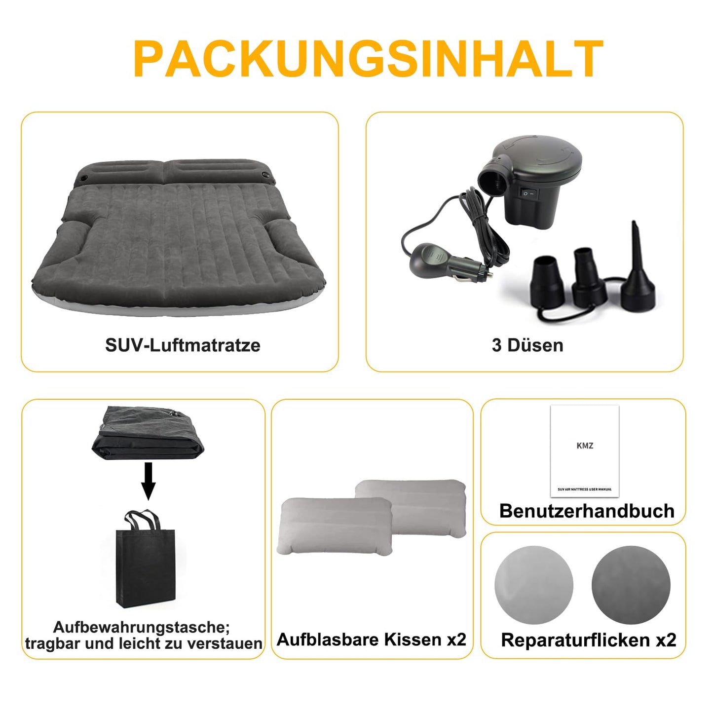 KMZ Car Mattress, 2 Pillows Car Air Mattress, Double-sided Thickened Flocked Auto Mattress Camping Inflatable Car Bed for Trunk Backseat (Dark Grey)