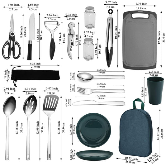 Mountain Country Camping Essentials, camping cookware set, camping gear equipment must-haves, come with camping cutlery sets, plates, and cups, perfect for outdoor cooking, picnic, grilling.