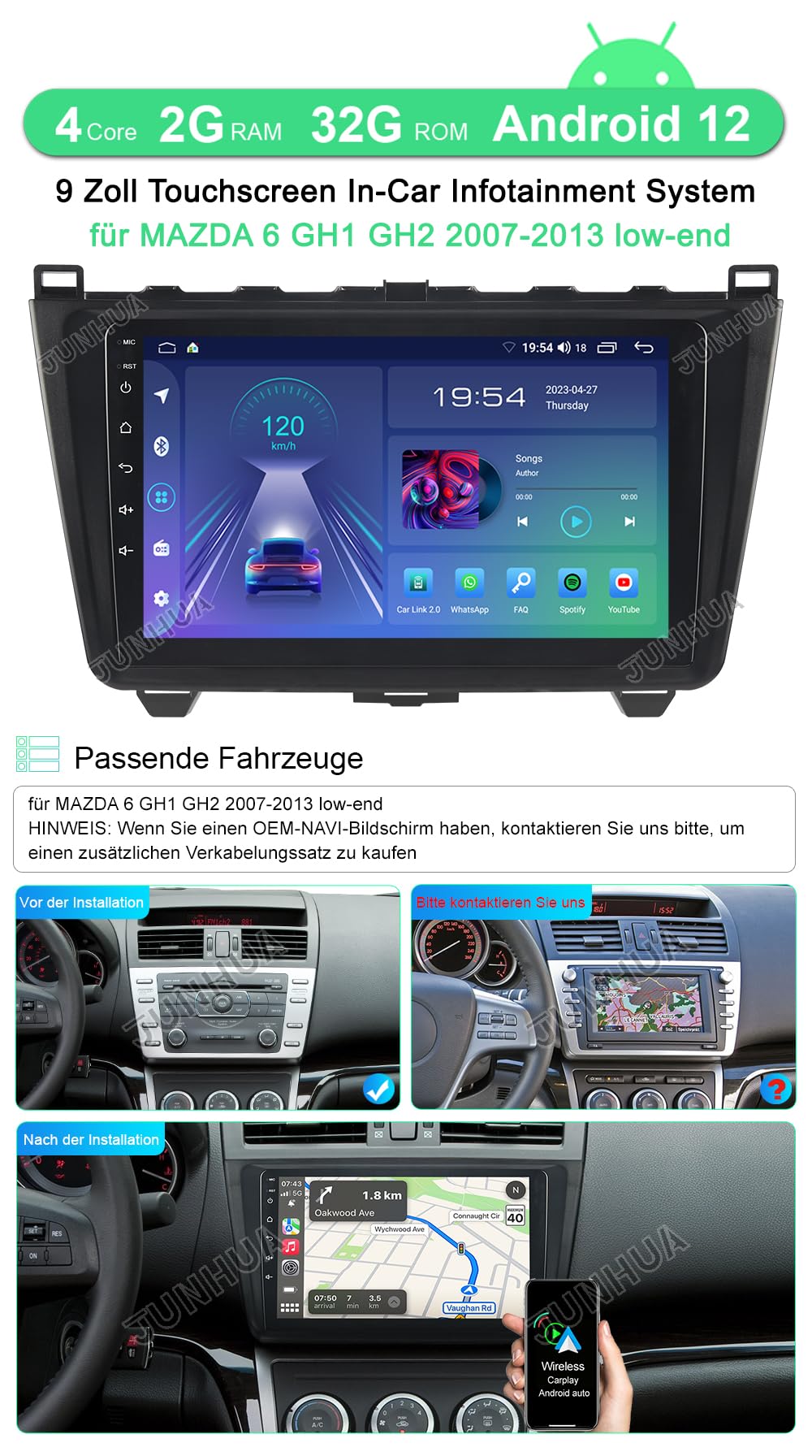 JUNHUA Android 12 car stereo for Mazda 6 GH1 GH2 2007-2013, 2G RAM+32G ROM, low-end model with 1280x800 9-inch touchscreen. Features Wireless CarPlay, Android Auto, Bluetooth, WiFi, USB, GPS.