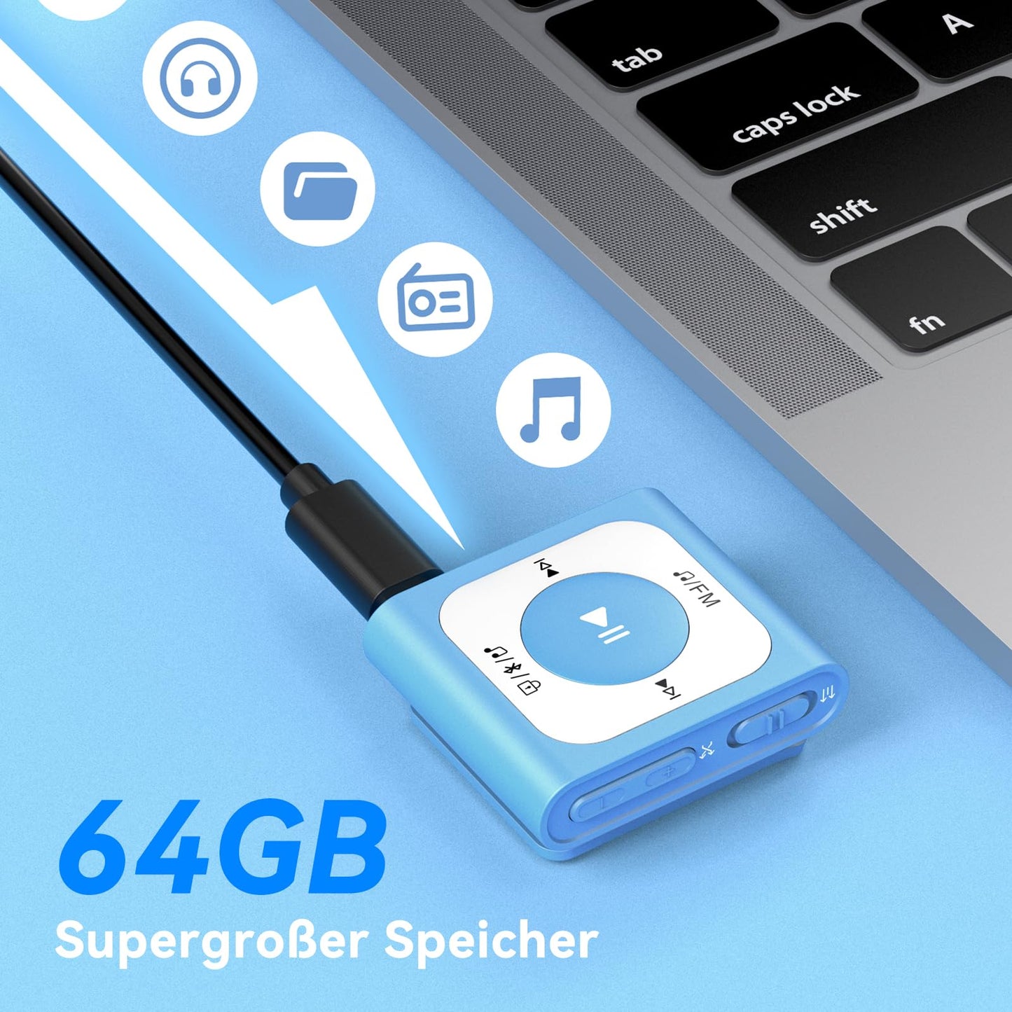 AGPTEK 64GB Clip MP3 Player with Bluetooth, Mini Portable Music Player with FM Radio, Shuffle, no phone needed for Sports, Blue