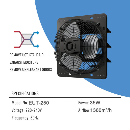 Aygrochy 250mm intake and exhaust fan, Industrial wall fan 1360m³/h, Ventilation and cooling for greenhouses, garages, lofts, and kitchens.