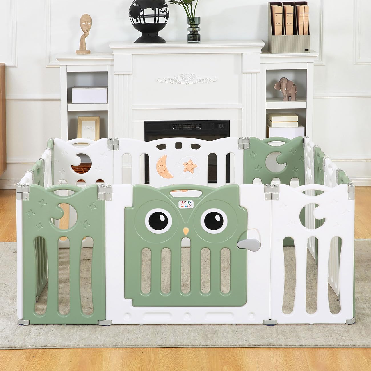Baby Vivo Playpen Play Yard Foldable Baby Playpen Crawl Gate Safety Gate for Kids made of plastic with door and toys 14 elements in Green - Owl