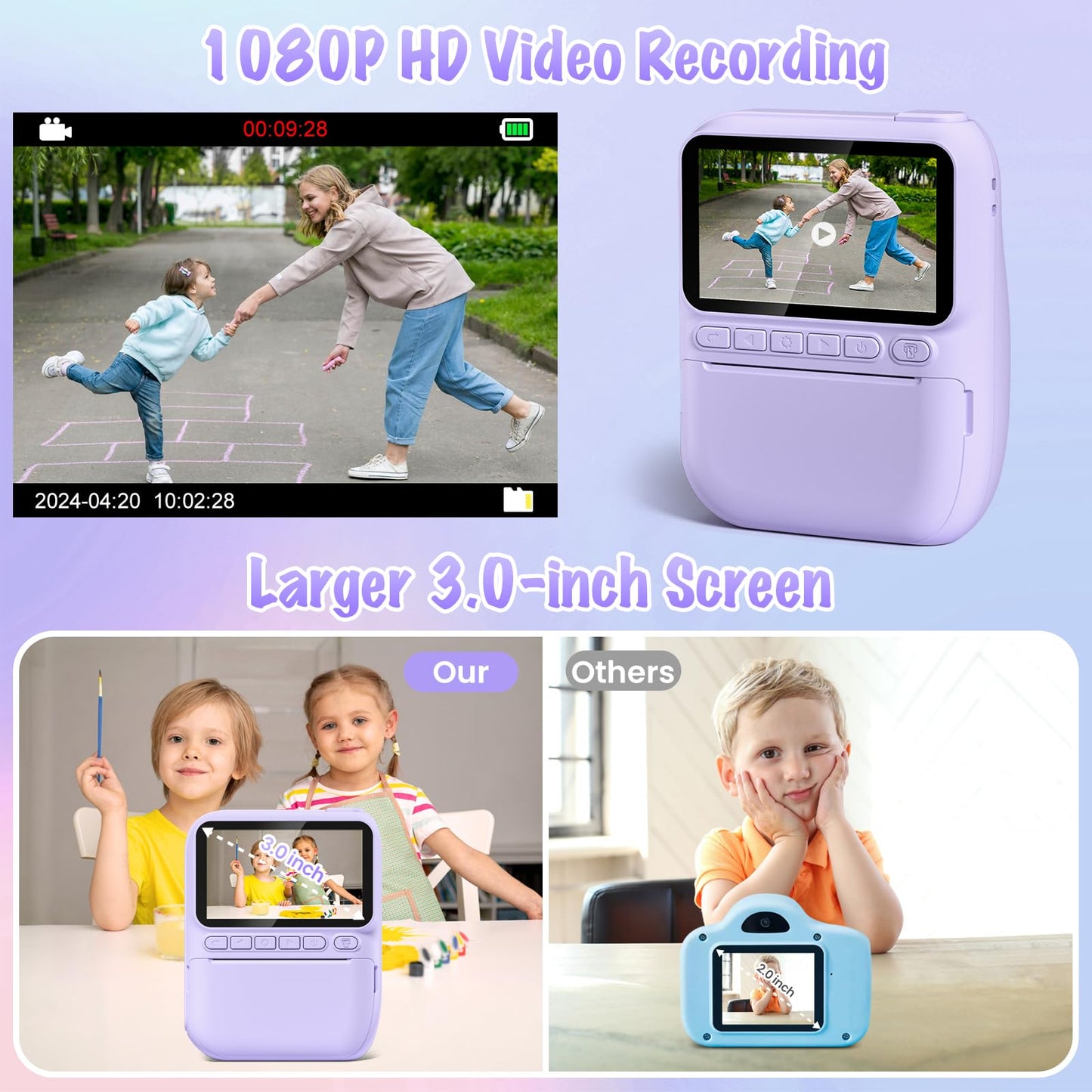 Gofunly Instant Camera for Kids, 3.0-inch Screen Kids Camera with 32GB Card & Print Paper, 14MP/1080P Kids Instant Print Camera, Gift for 3-12 Years Old (Violet)