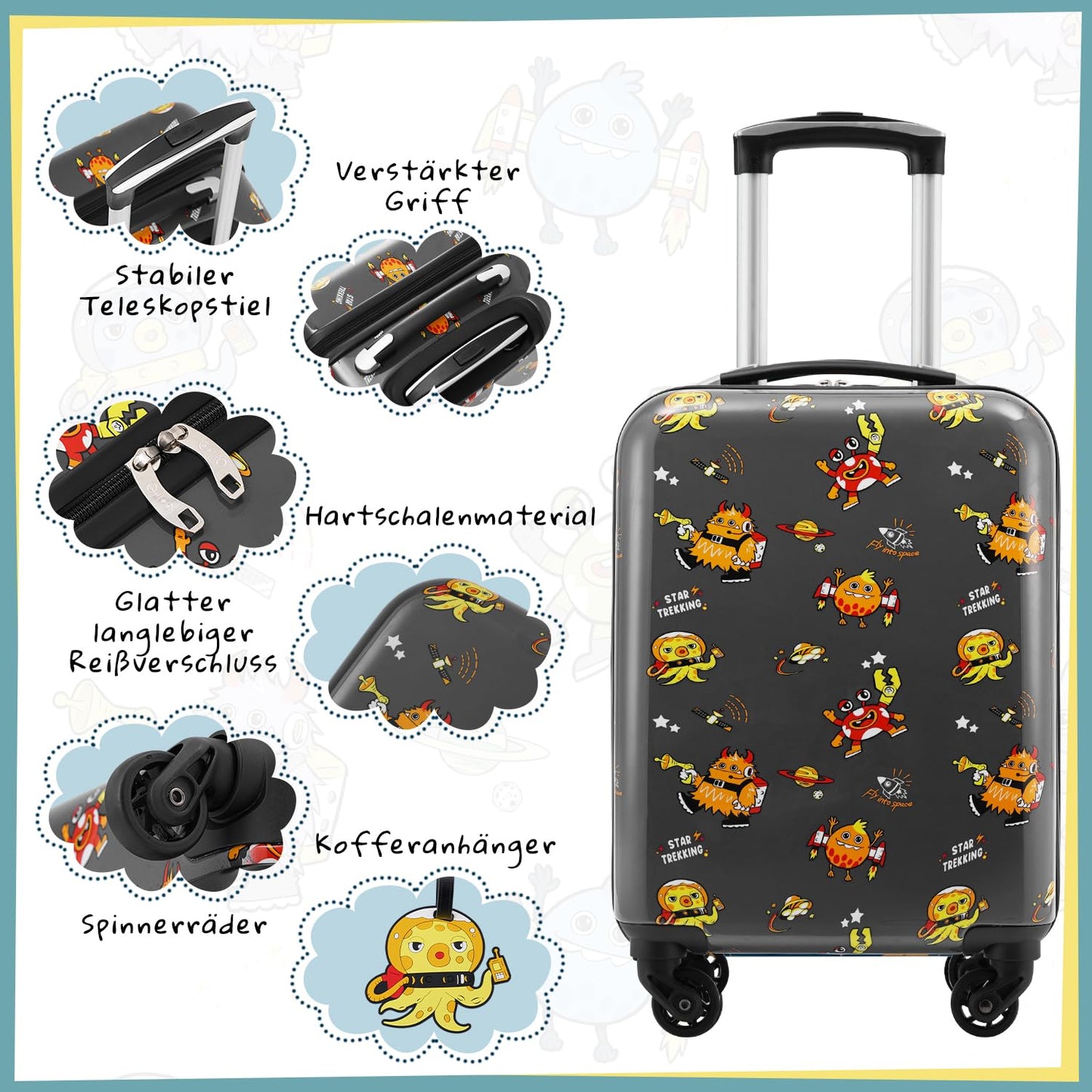 COOLIFE 5pc Kids Luggage Set with Backpack, Plastic Kids Suitcase, Children's Luggage, Kids Carry-On Travel Luggage Set for Boys and Girls (Monster, 5-Piece Set)
