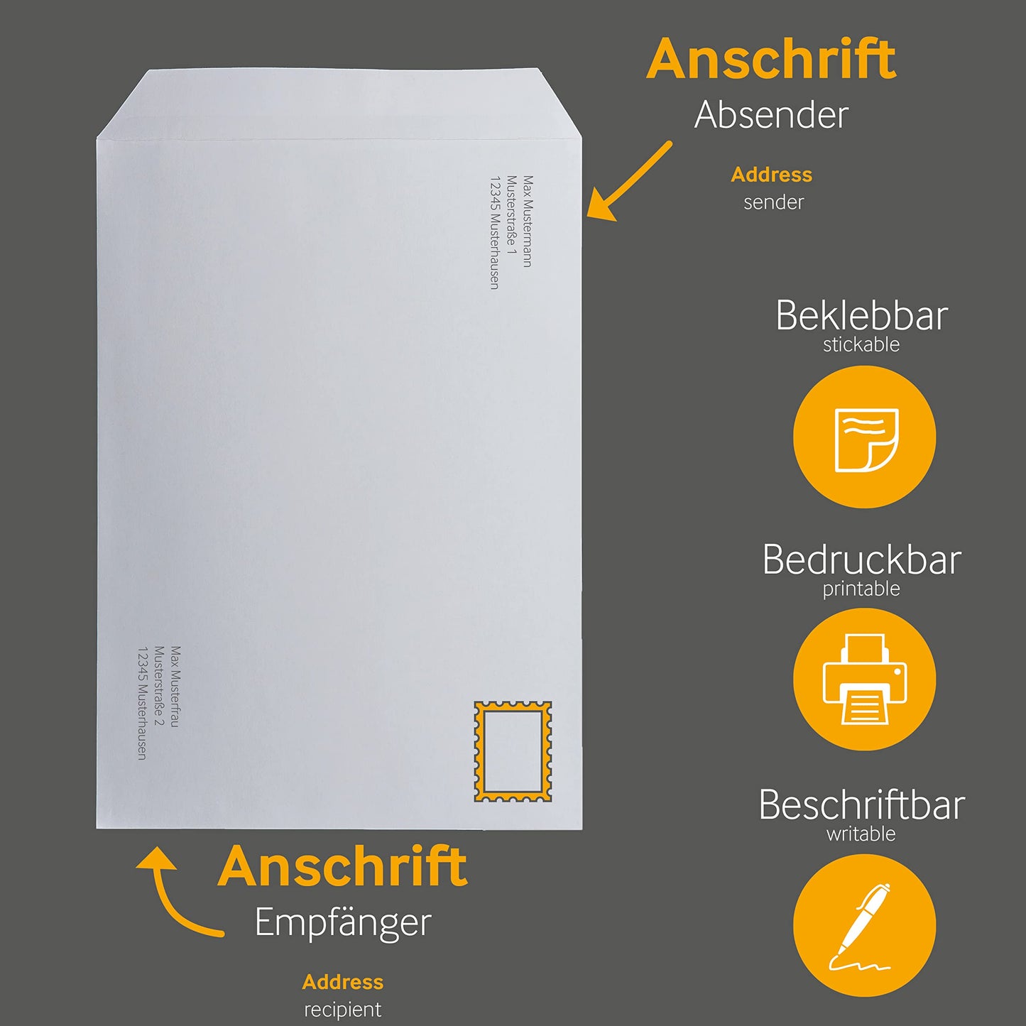 250 pieces, shipping envelopes, C4, without window, white, self adhesive, 229 x 324 mm, envelopes, straight flap, 120 gsm offset, plain letter covers
