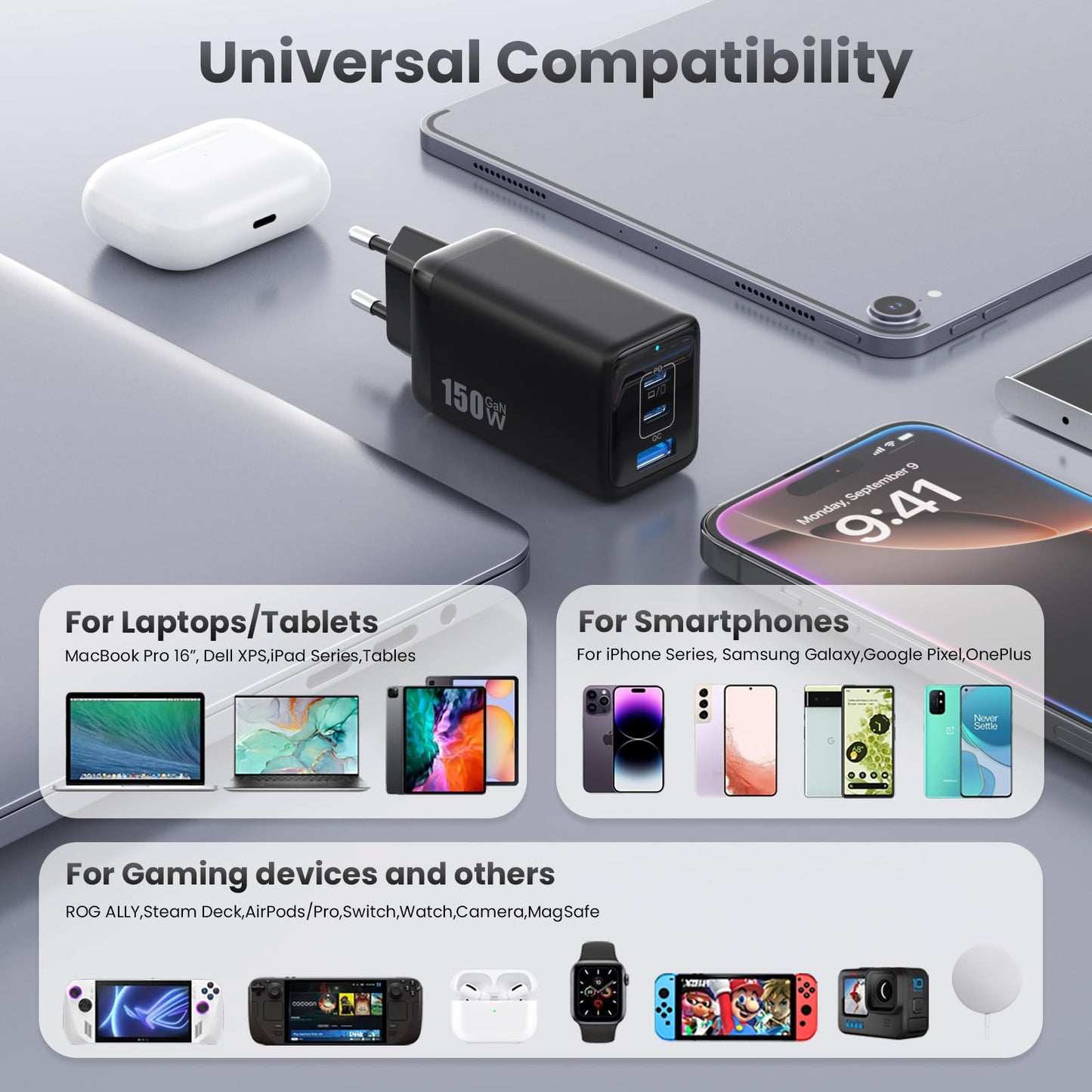 150W USB C charger, 3-port GaN IV Tech USB C power adapter PD+PPS 100W fast charger with laptop charger, multiple USB charger power adapter for MacBook Pro/Air, iPad, iPhone 16/15, Samsung, etc.