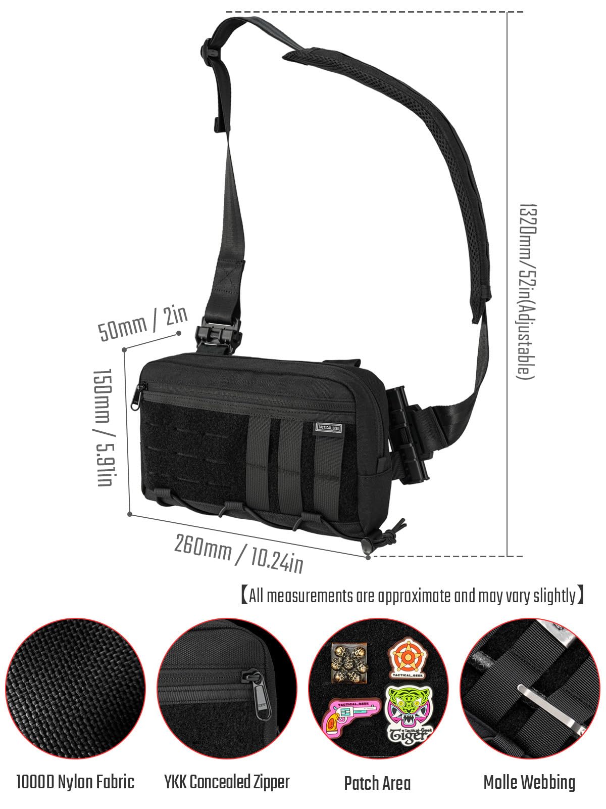 TACTICAL_GEEK Cache L3C EDC Sling Bag Chest Crossbody Bag, 1000D OXFORD CLOTH Shoulder Bag, Waist Bag Shoulder Bag Chest Bag with Adjustable Shoulder Strap for Travel School Hiking, Black