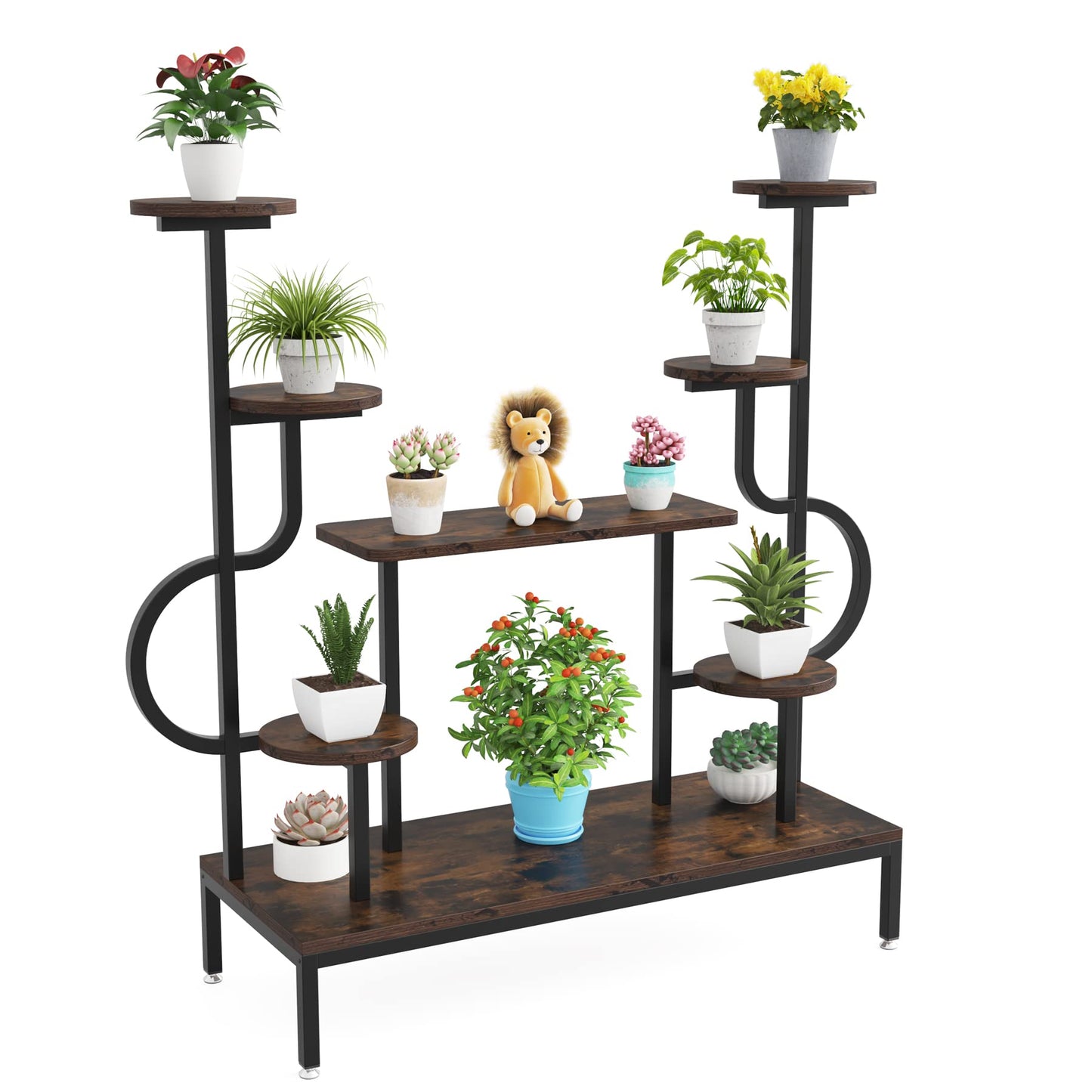 Tribesigns 5-tier metal plant stand for indoor and outdoor use. Multi-level flower stand flower ladder plant ladder wood pot holder for living room balcony (Rustic Brown)
