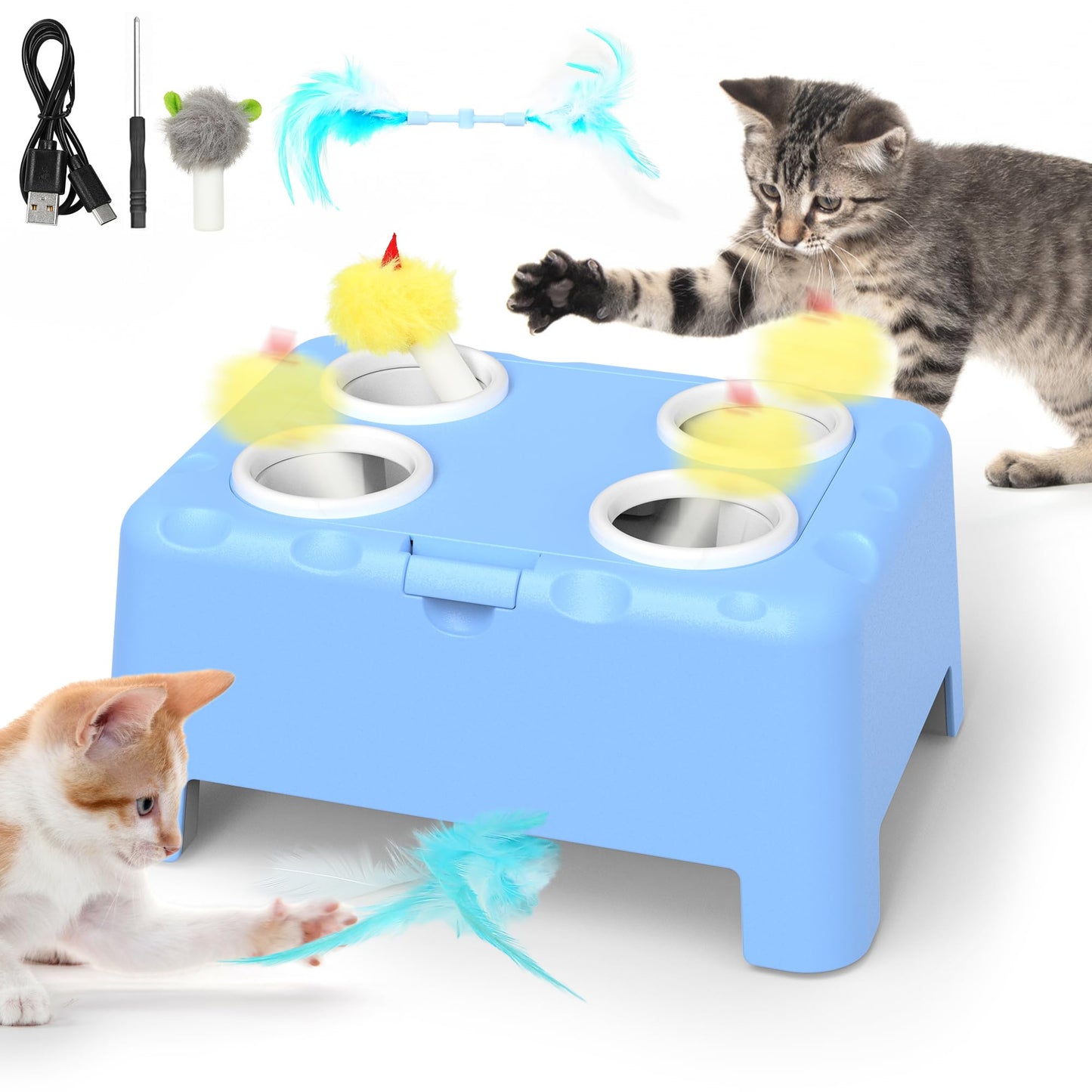 IOKHEIRA Interactive Cat Toy, 2-in-1 Automatic Cat Toy, 4-Hole Mouse-Whack-a-Mole Cat Mouse Toy with Moving Feather, USB Rechargeable Kitten Toy.