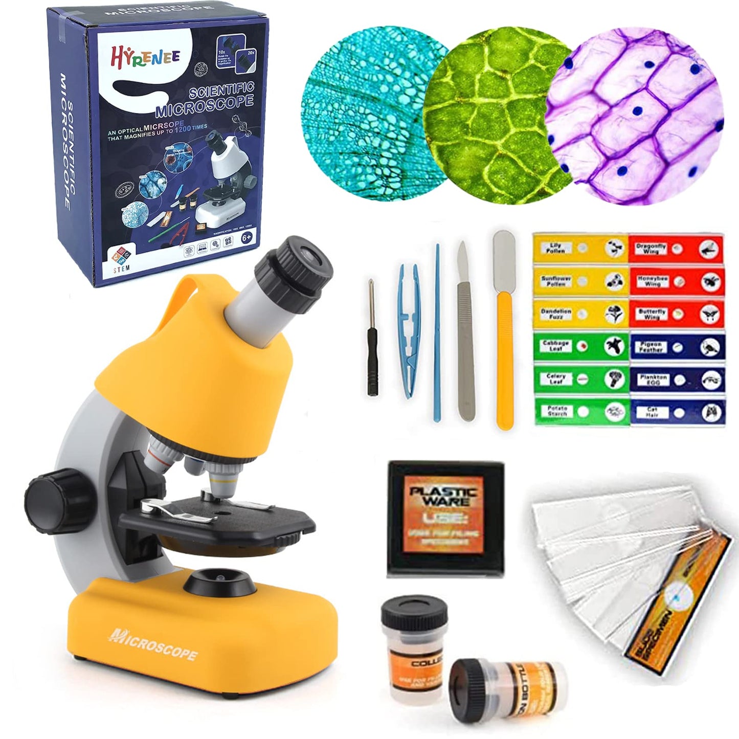 STEM microscope for kids beginner microscope with 40x - 1200x magnification children's microscope LED light science kit for students toy for kids boys girls age 6+ yellow
