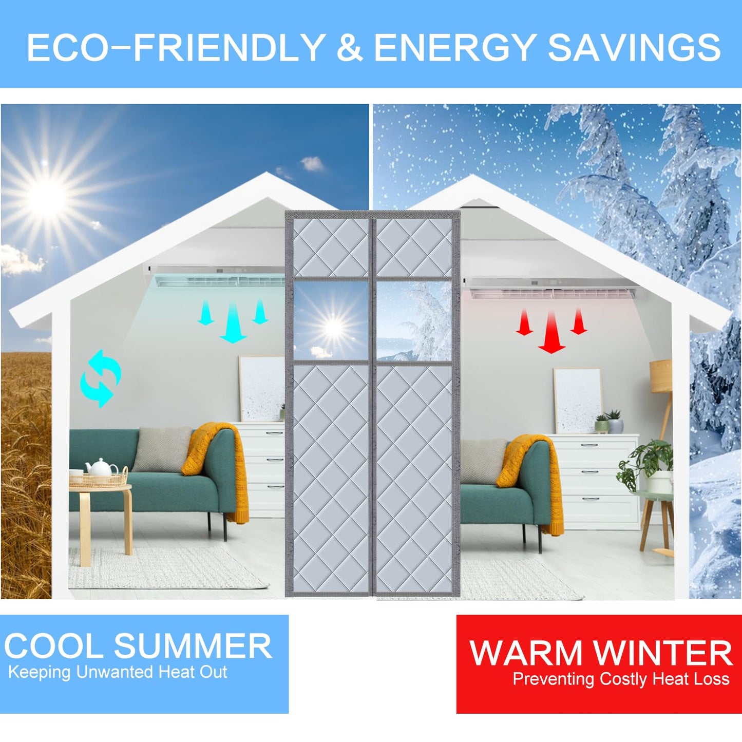 Magnetic thermal door curtain 90x210cm, no-drill thermo curtain for cold and heat protection. Waterproof, windproof, pet-friendly with a transparent window.