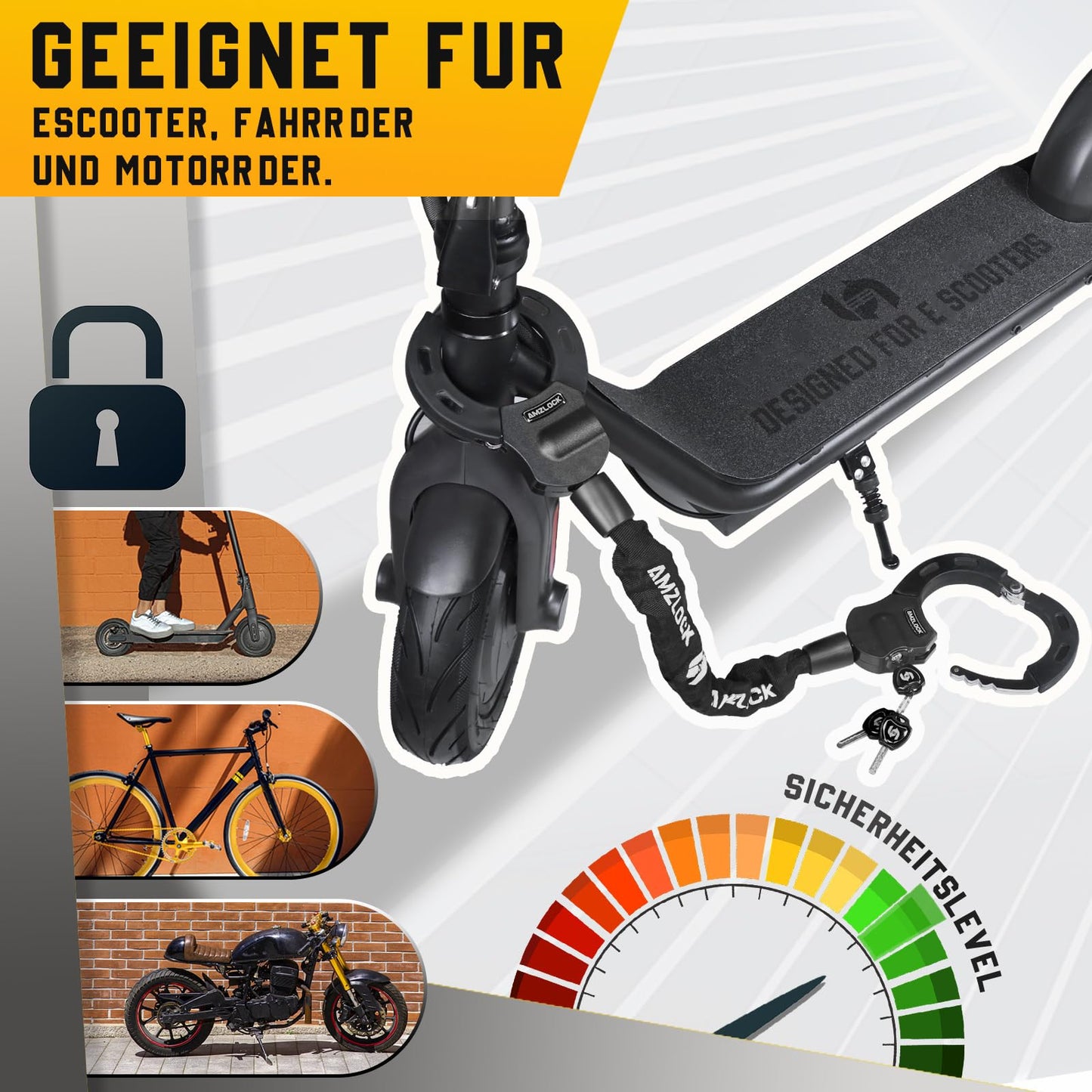 AMZLOCK E Scooter Lock with Bag | 8mm Thick Chain Lock | Handcuff Lock for E Scooter | with 3 Keys | 1.6kg/75cm High Security Lock