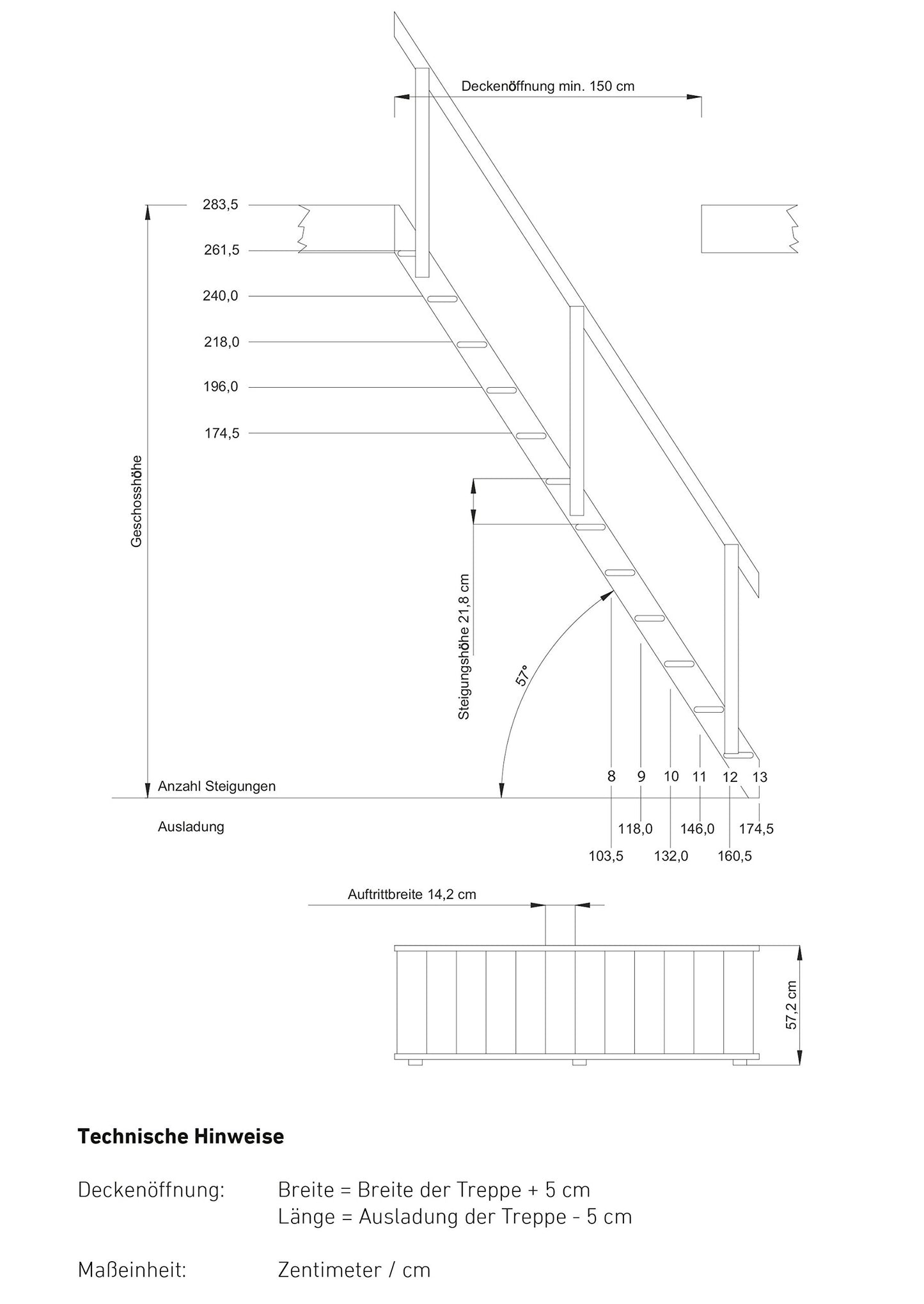 DOLLE space-saving staircase made of untreated solid spruce Height up to 283.5 cm including railing with two-part stringer