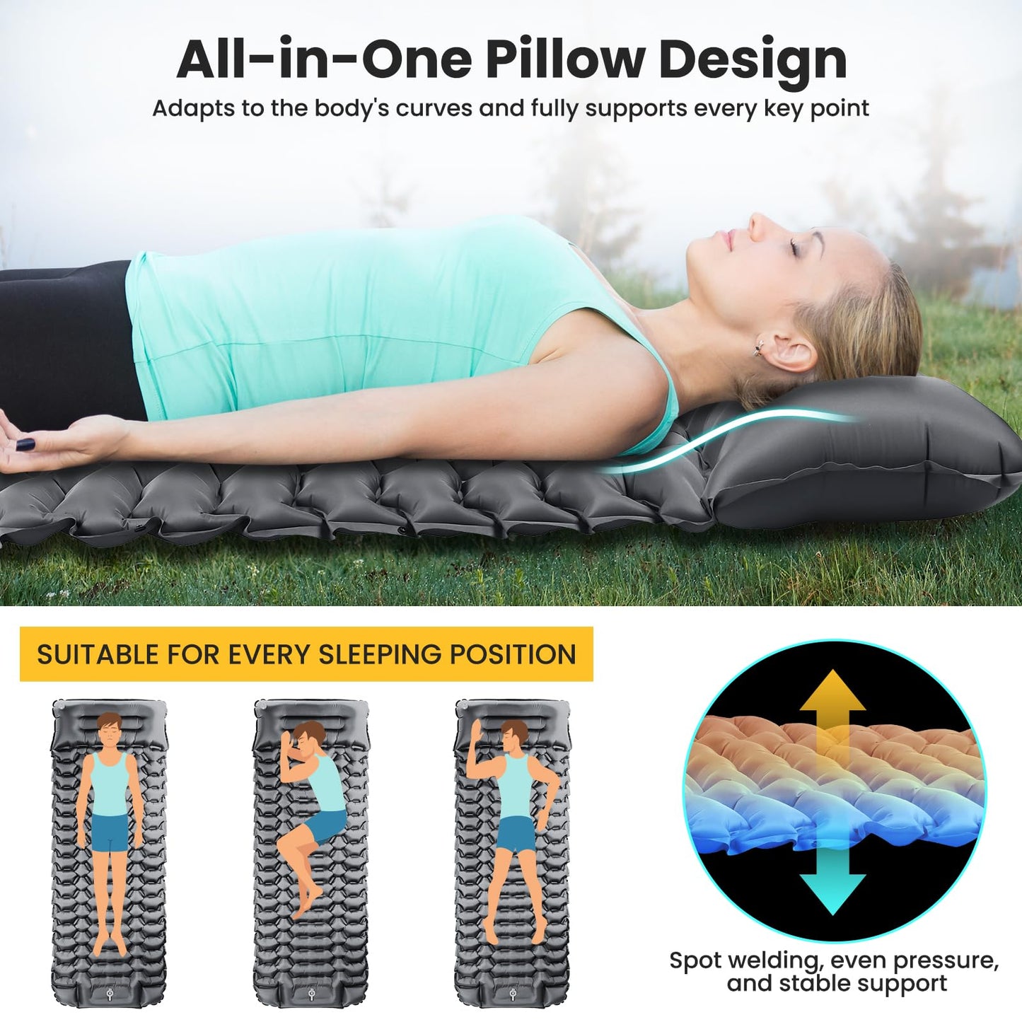 Self-Inflating Sleeping Pad, Ultralight Camping Inflatable Mattress with Foot Pump and Pillow, Foldable Waterproof Air Mattress Anti-Ripstop Sleeping Pad for Hiking, Beach, Camping.