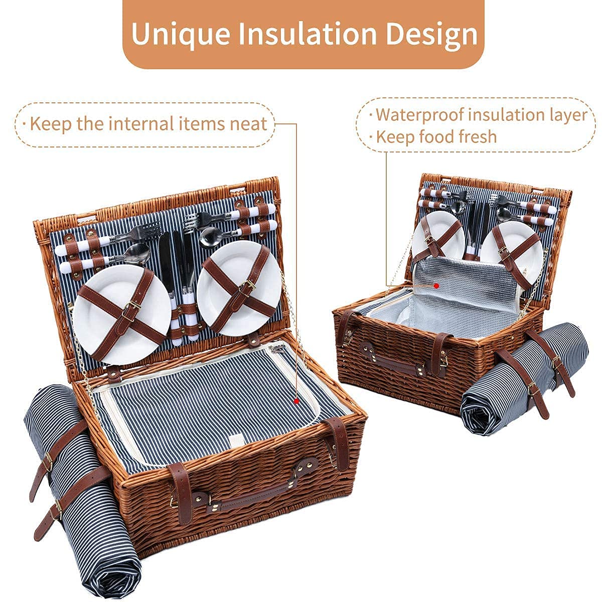 Willow picnic hamper for 4 with insulated cooler and waterproof blanket. Includes utensil set. Large willow picnic set for outdoor camping (Brown).