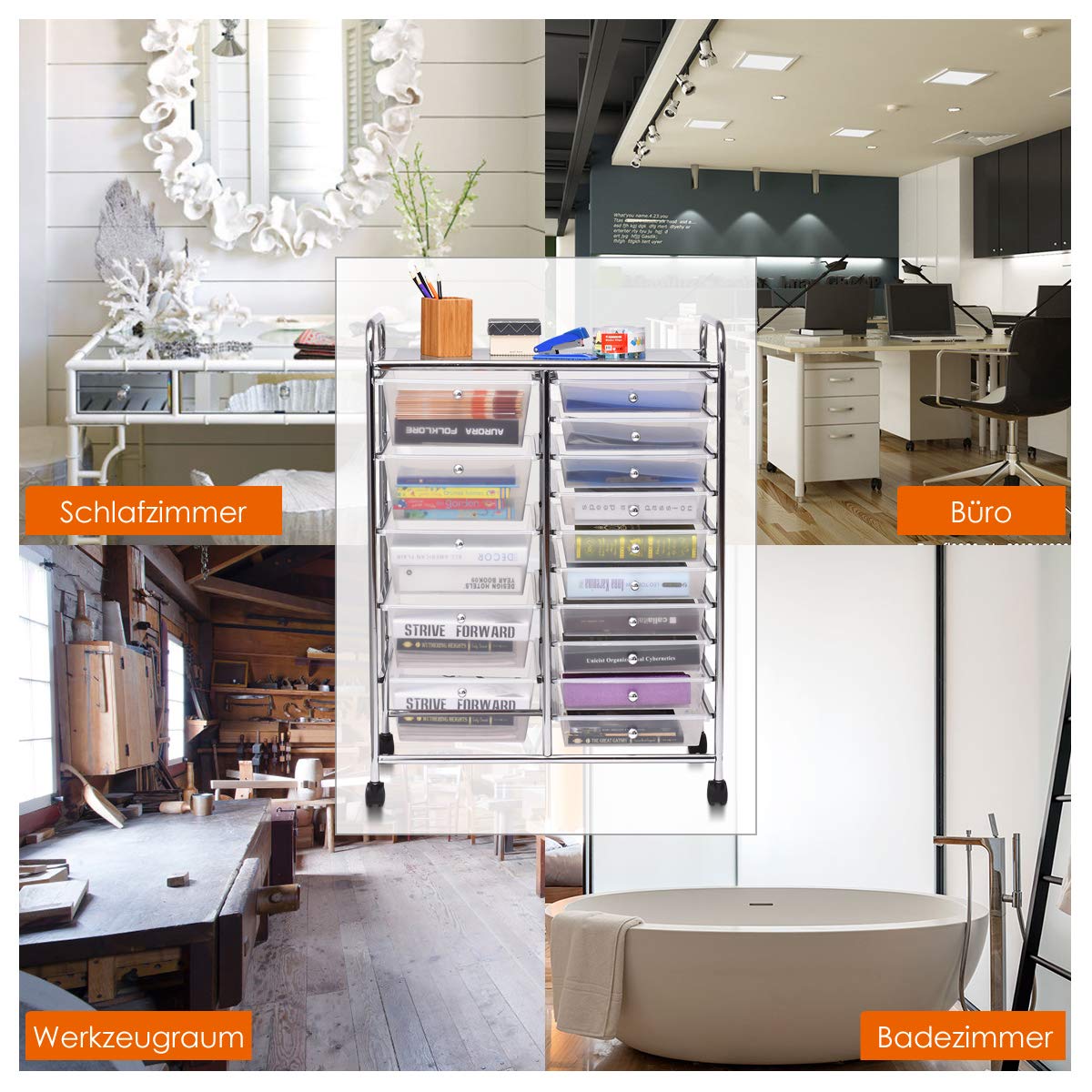 COSTWAY rolling cart with 15 stackable drawers, drawers cart with metal frame and shelf, bathroom trolley storage cart for office, living room, 62.5 x 37 x 87 cm.