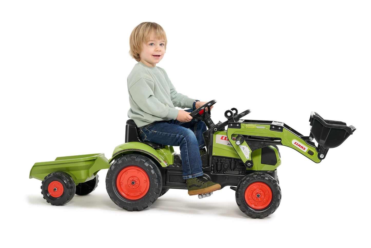 Falk 2040ML Claas Pedal Backhoe Loader with Trailer, Pedal Backhoe, Children's Pedal Tractor with Steering Wheel and Horn, for kids aged 2 to 5, Ride-On Toy - Green