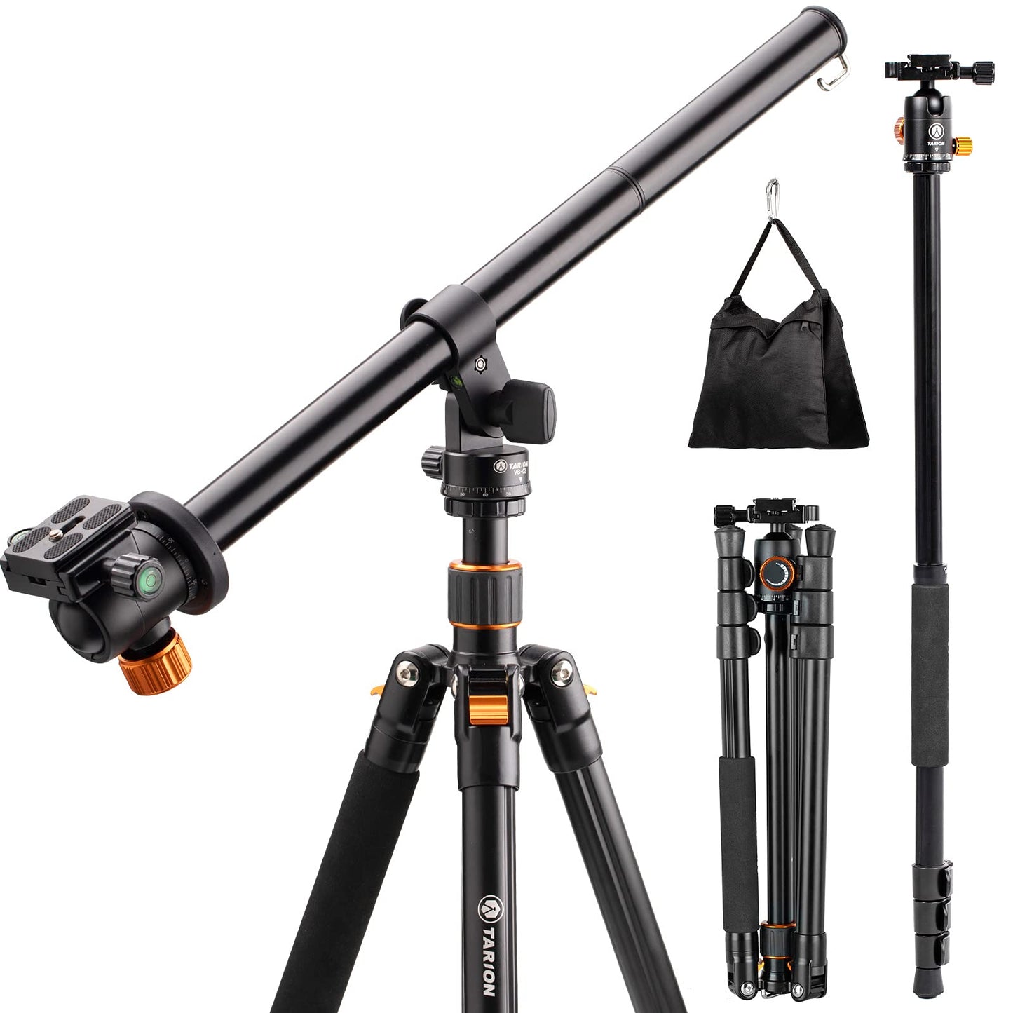 TARION Camera Tripod with Transverse Center Column, Aluminum Travel Tripod with 360° Ball Head, Quick Release Plate, and Tripod Bag, Convertible to Monopod (Tripod+Boom Arm)