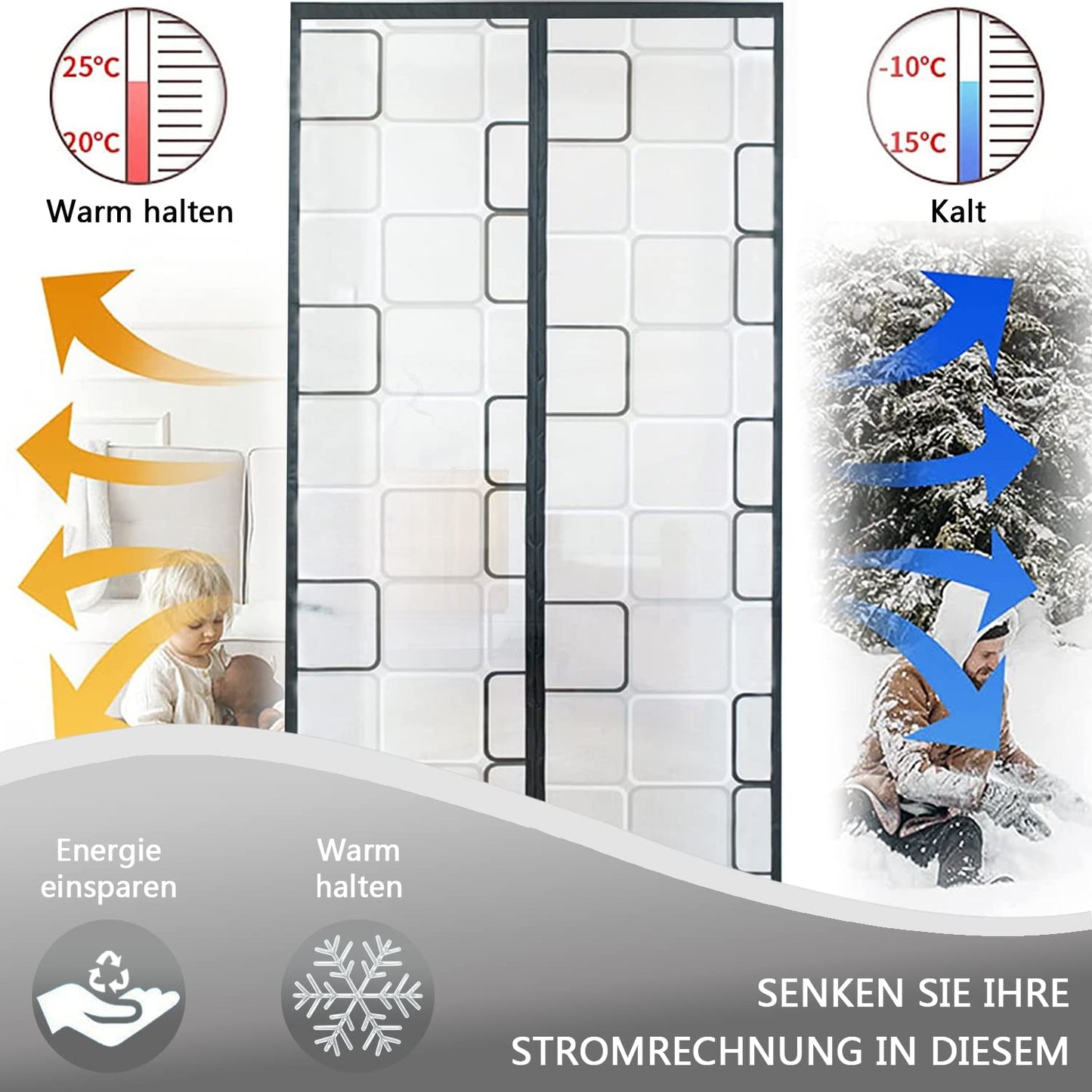 Thermal curtain 90x200cm, magnetic thermal curtain for doors, cold protection and heat retention in winter, ideal for use with air conditioning in summer, easy adhesive installation without drilling.