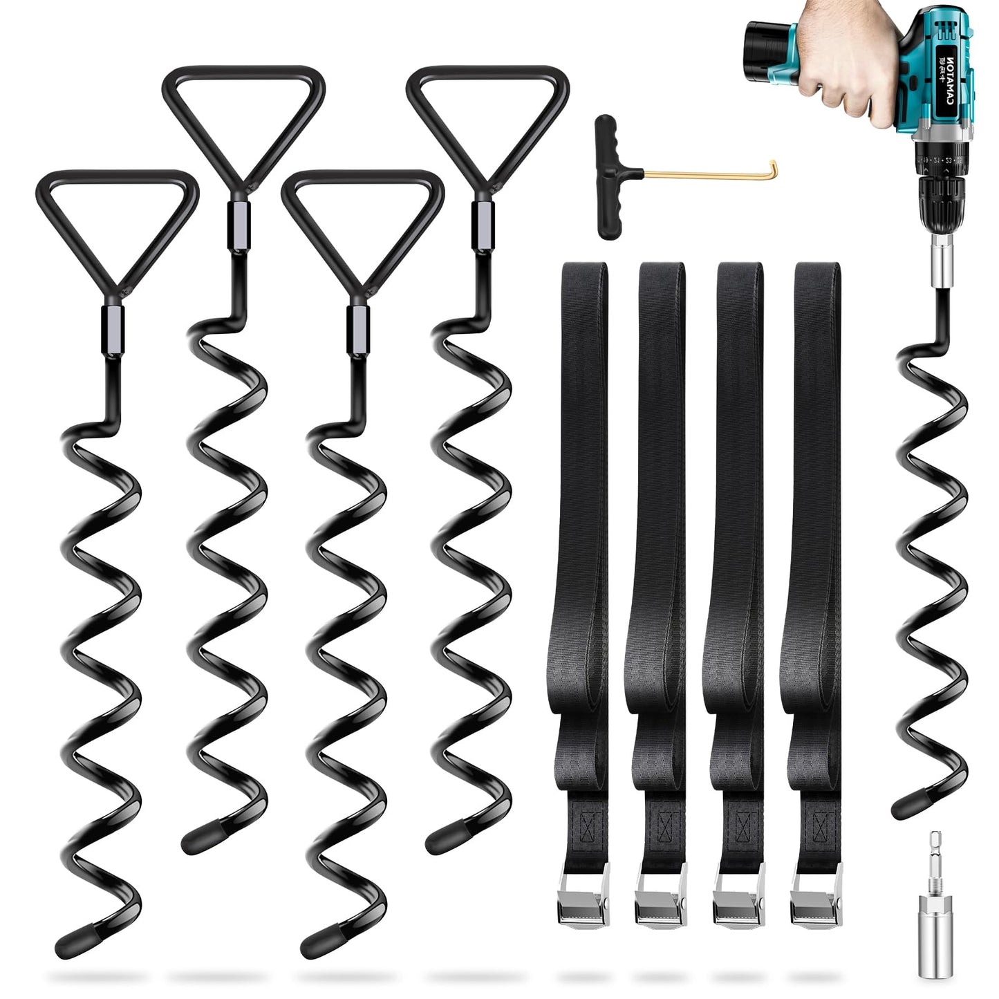 Ground Anchor Trampoline 4 Pack | Heavy Duty Ground Anchors | Screw-in Anchors for Trampolines | Twist-in Ground Anchors for High Winds with Straps