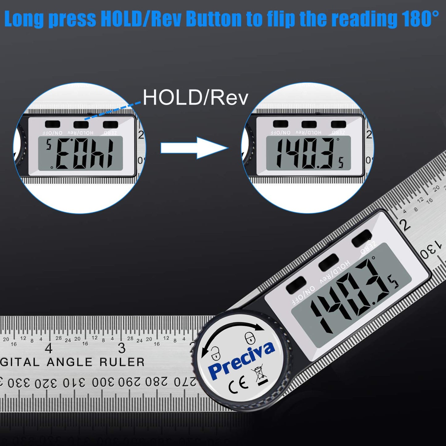 Protractor, Preciva Digital Protractor with HOLD screen and 180° rotating function, 400mm angle gauge ruler made of stainless steel for woodworking, DIY - large display