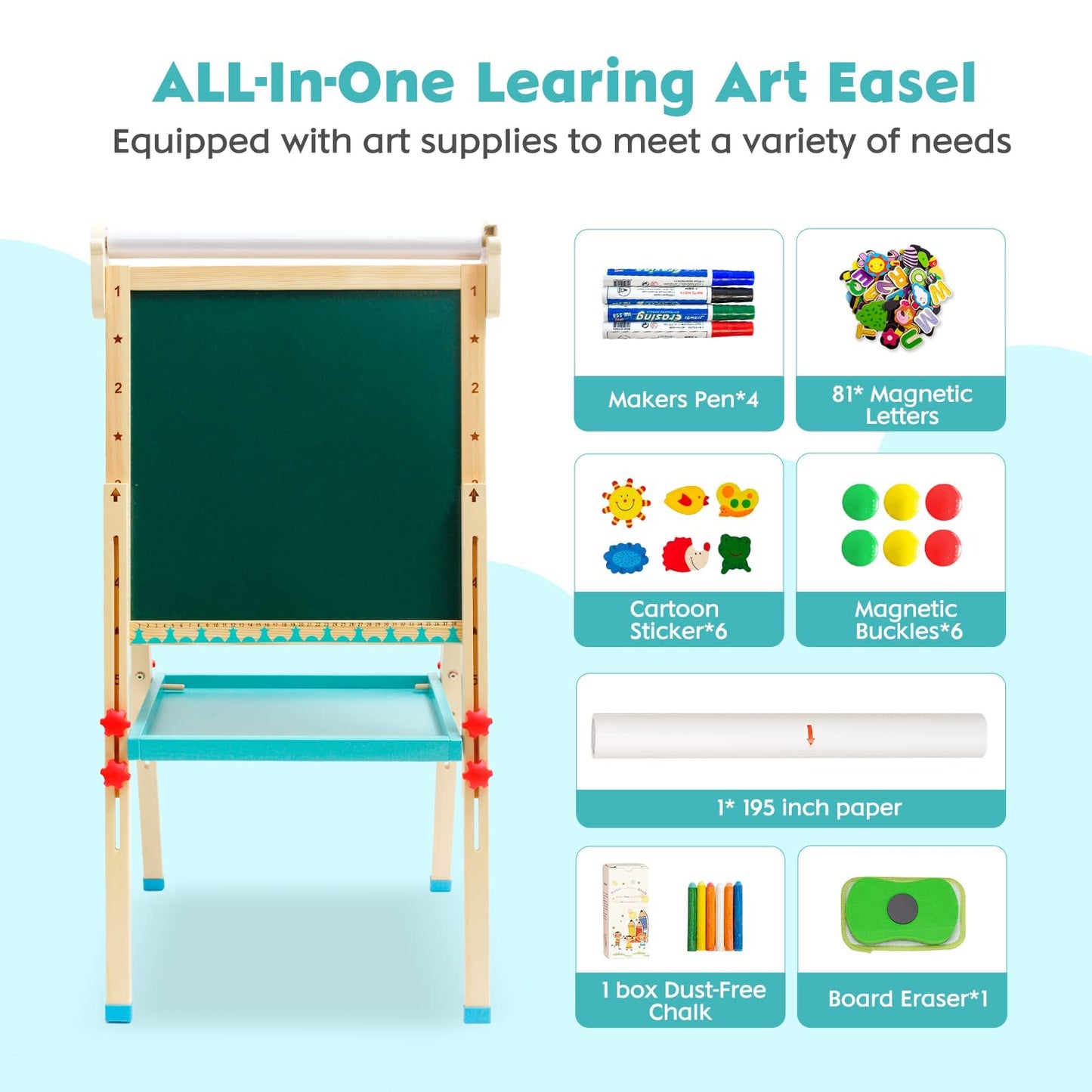 Children's easel with paper roll, double-sided whiteboard and chalkboard. Adjustable standing easel with numbers and other accessories for kids and toddlers.