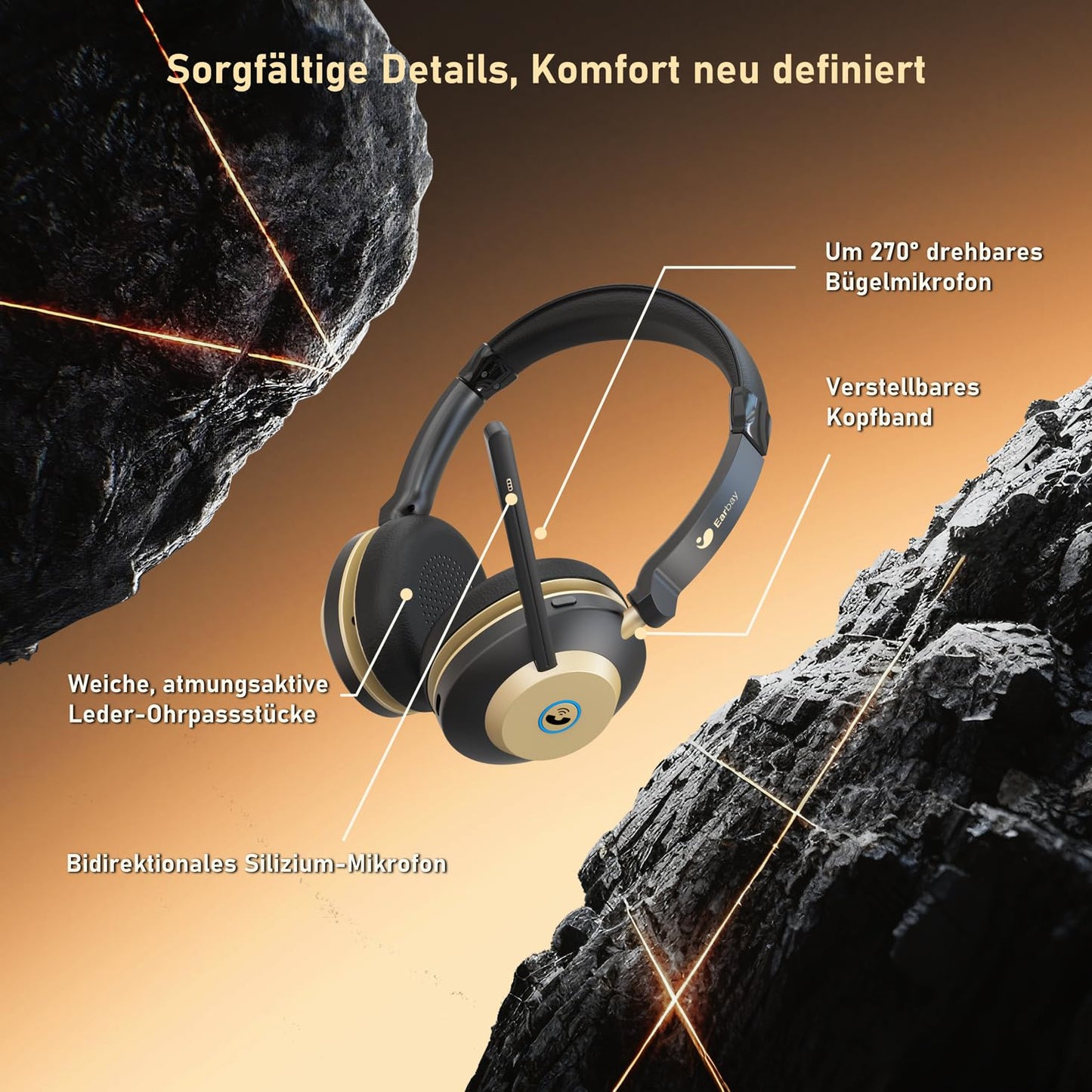 Earbay Wireless headset, Bluetooth headset with microphone noise cancellation & USB dongle, wireless with microphone mute & charging dock for computer/office/phone/call center/home/office