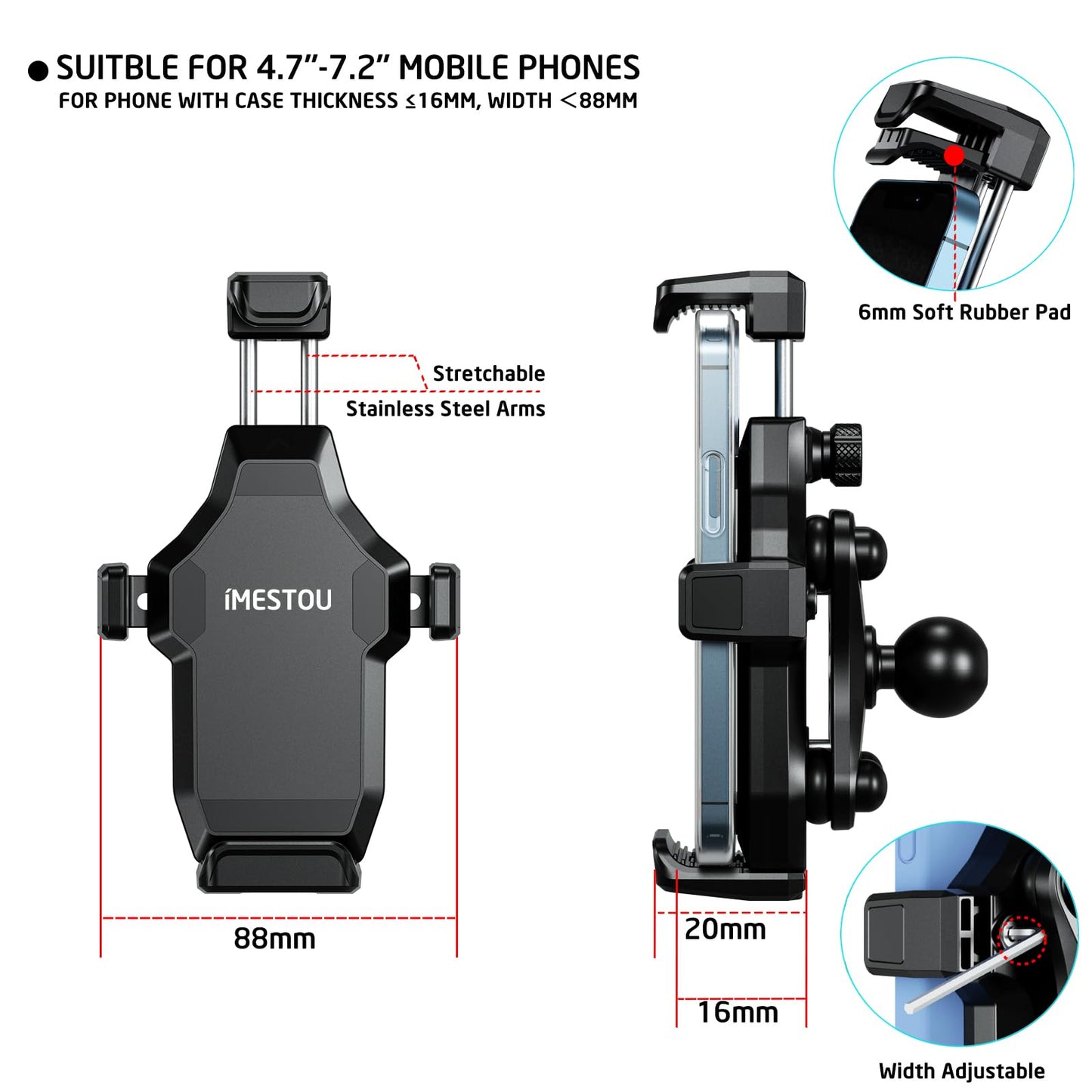 iMESTOU Anti-Vibration Motorcycle Phone Mount, 1 inch Ball Handlebar Phone Holder, Perfect for High-Speed Cycling, 360° Rotatable, Universal for 4.7"-7.2" Phones