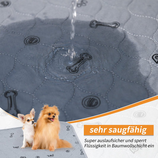 2 highly absorbent puppy pads, 122*122cm waterproof and washable puppy training pads, non-slip dog blanket for dog crate, sofa, and floor in grey color.