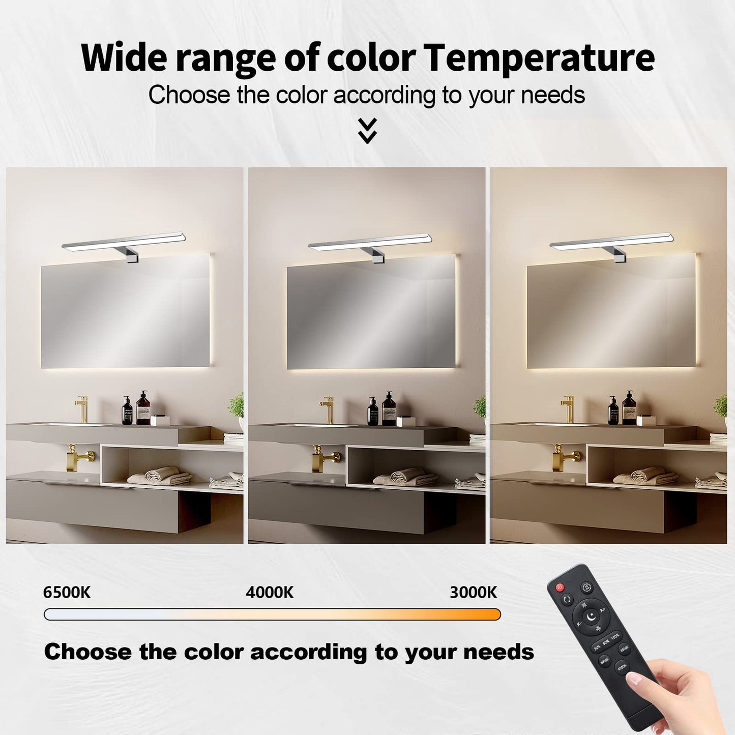 KYOTECH LED mirror light for bathroom. Dimmable 12W 400mm 800LM with switch. IP44 waterproof. Remote controlled. Makeup light for bathroom. Made of aluminum material.