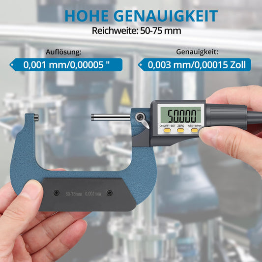 AUTOUTLET Micrometer Digital Micrometer Caliper 50-75mm/0.001mm, High Precision LCD Digital Micrometer Caliper Length Measuring Tool Micrometer 0.001mm (0.00005")