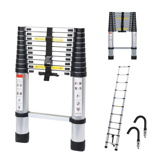 Ansobea Telescoping Ladder Extendable Aluminum, Non-Slip Folding Ladder, Step Ladder Multi-Purpose, 150 kg 330 Pound Capacity, Aluminum Ladder (2.6M with Hooks)