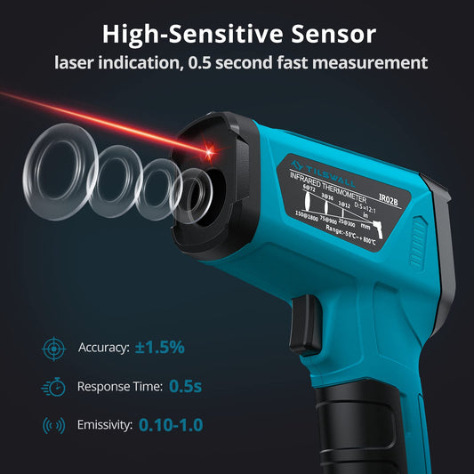 Infrared Thermometer (not for humans) -50°C to 800°C Tilswall IR Digital Laser Temperature Gauge with Cooking LCD Display for Cooking/Barbecue/Pizza Oven/Freezer/Industry
