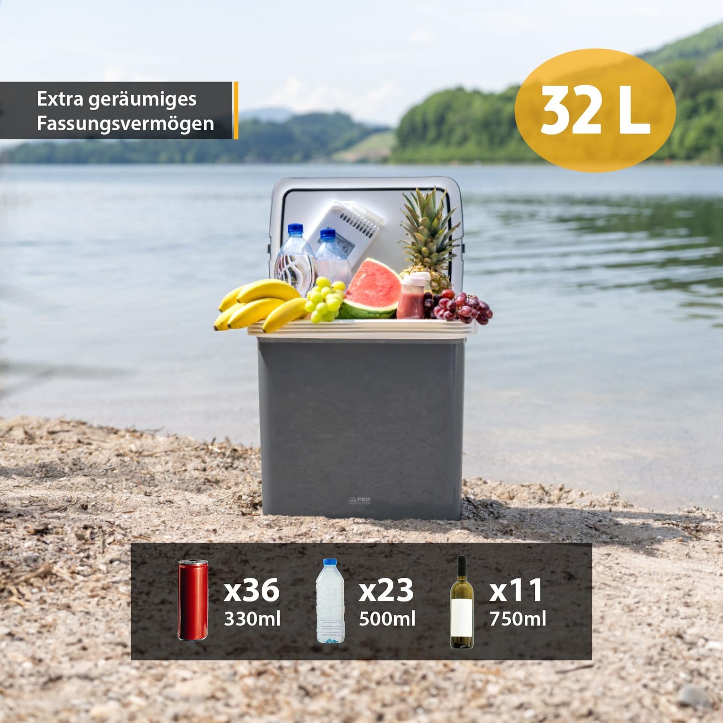 First Austria TZS - 32L electric cooler box with 12V 230V connection for car & socket - Thermoelectric cool box cools & warms - Mini fridge with handle - For camping, festivals, travel - Grey