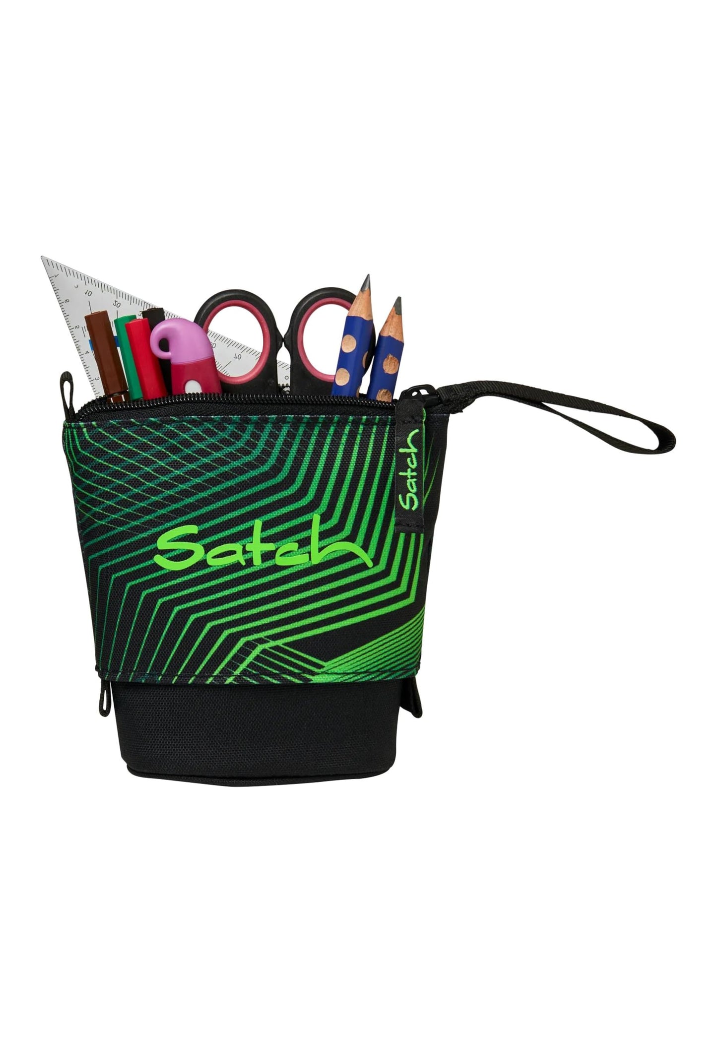 Satch Pencil Slider XL with divider, zippered compartment, pen holder, ruler, timetable window in Seismic Green - Black.