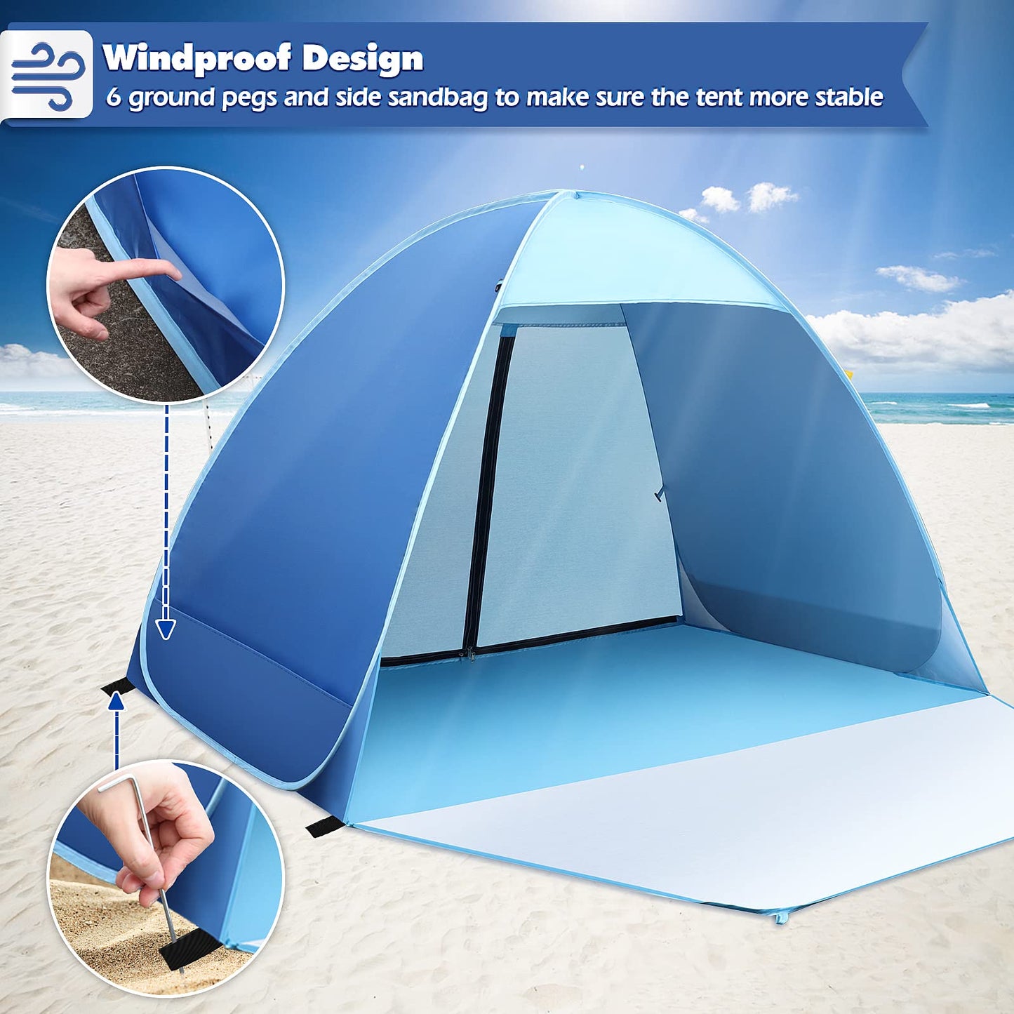 Pop-up beach tent, 2-3 person family tent with UV protection UPF 50+. Beach tent with zipper backdoor, front door with buckles. Compact size for sun protection at the beach or in the garden.