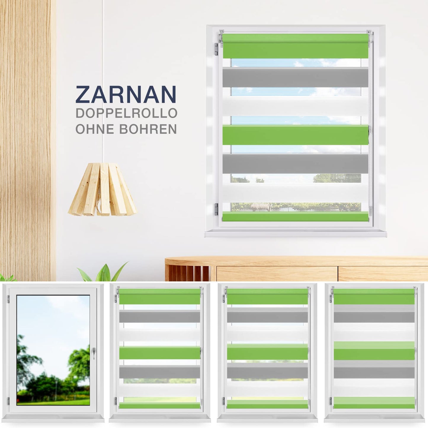 Zarnan Double Roller Blind Clamp Fix without drilling Green-grey-white 40x140cm (fabric width 36cm) Duo Roller Blind opaque Zebra Roller Blinds for windows without drilling for living room kitchen office translucent