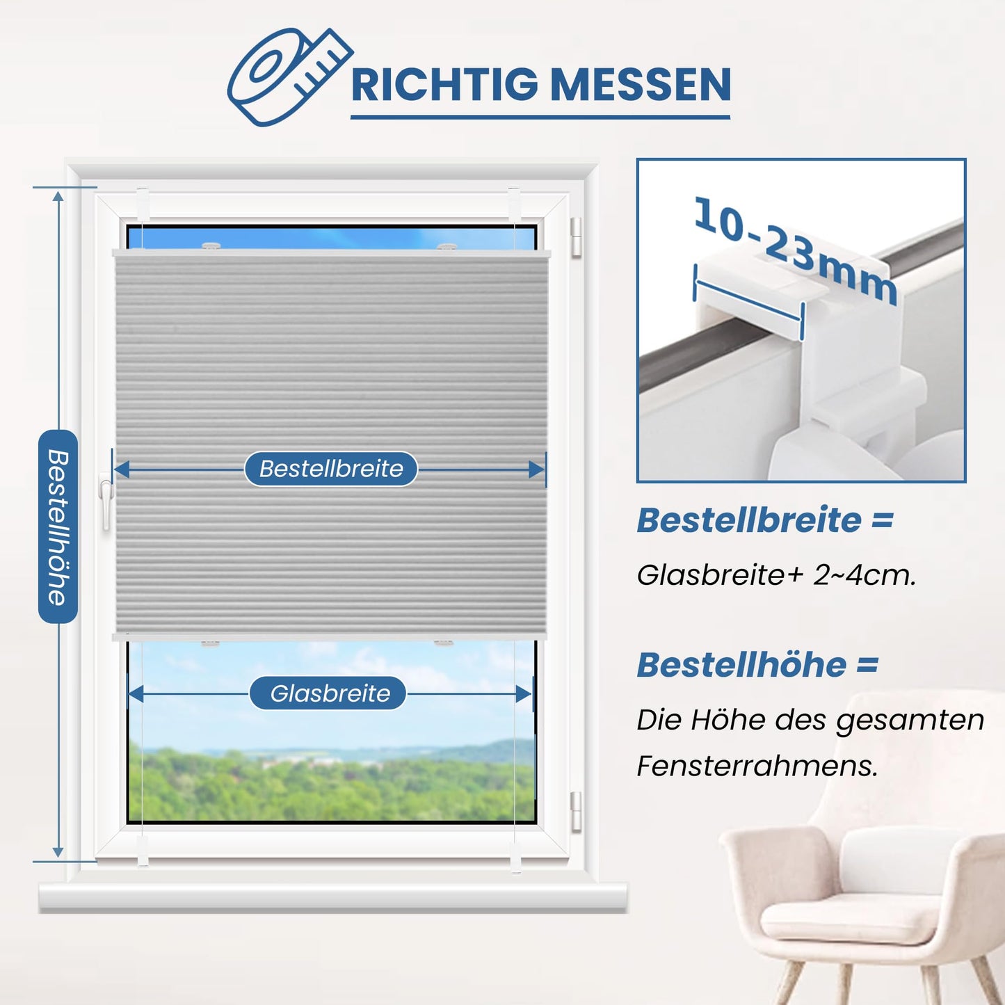 Deswell Pleated Blackout Clamping Fix Honeycomb Pleated Blind B40 x H110 cm Light Grey Thermo Pleated without drilling Foldable blind for windows & doors, 100% opaque, privacy & noise protection, thermal insulation Blackout Pleated