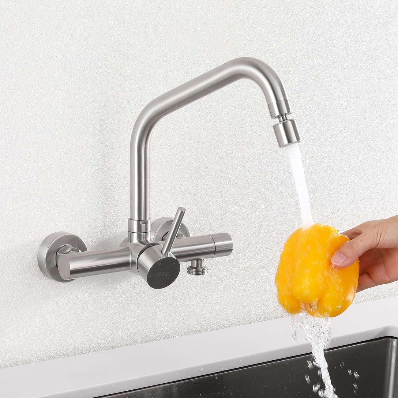 ONCE kitchen faucet in wall with 3/4 inch connection for dishwasher/washing machine, wall faucet with 2 spray modes, kitchen wall-mounted mixer tap, matte