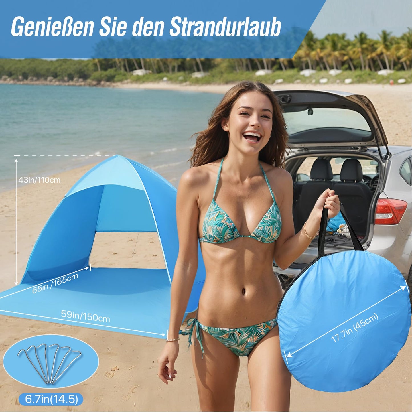 Karvipark beach tent, pop-up beach shelter, Sun Shelter for 2-3 people, including carrying bag and tent poles, Family Beach Sun Protection Tent, suitable for beach, garden, camping.