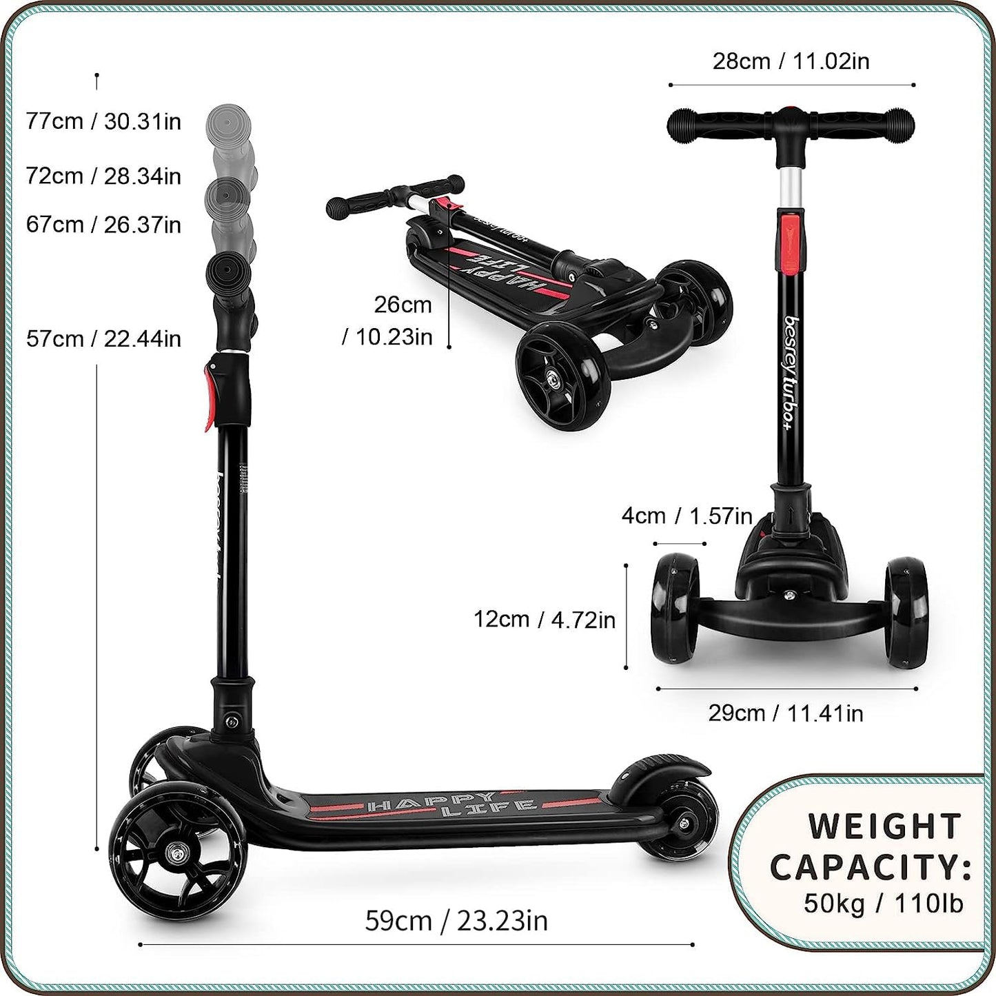 Besrey Kids Scooter, the safe tricycle scooter with PU LED light-up wheels, foldable adjustable height, lightweight with weight capacity up to 50 kg, suitable for toddler boys and girls.