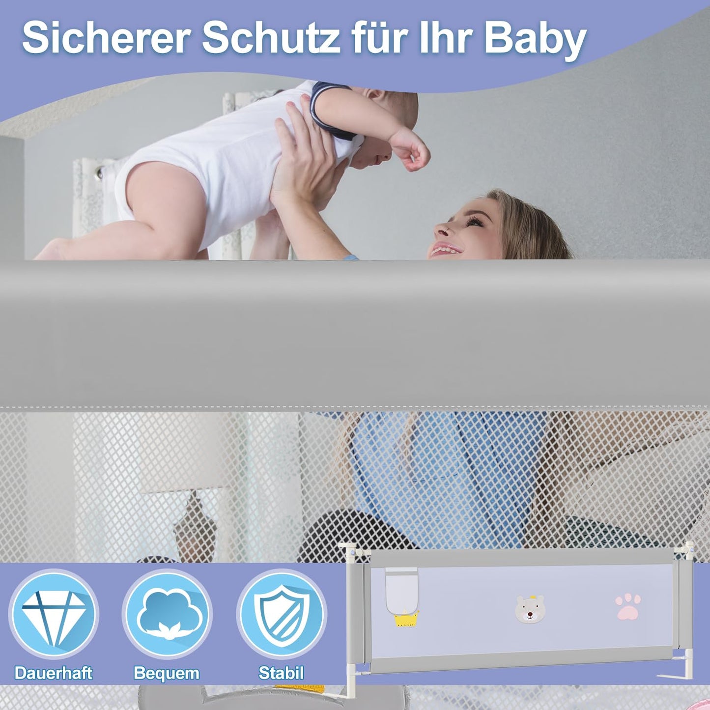 Ansobea 200cm bed rail | Bed guardrail for children | Folding toddler guardrail | Child bed guard for fall protection | Easy to install | Gray embroidered design