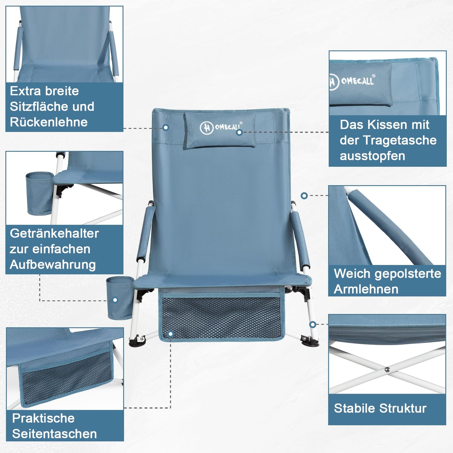Homecall Folding Beach Chair Lightweight Portable Camping Low Chair with Comfortable Backrest, Padded Armrests - beach chair beach chairs foldable Up to 120KG (1 Chair with Cushion)
