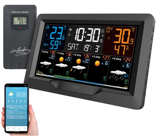 infactory WiFi Weather Station: Internet-operated wireless weather station with UV index and weather trend, outdoor sensor, and app (WiFi enabled with forecast, outdoor sensors).