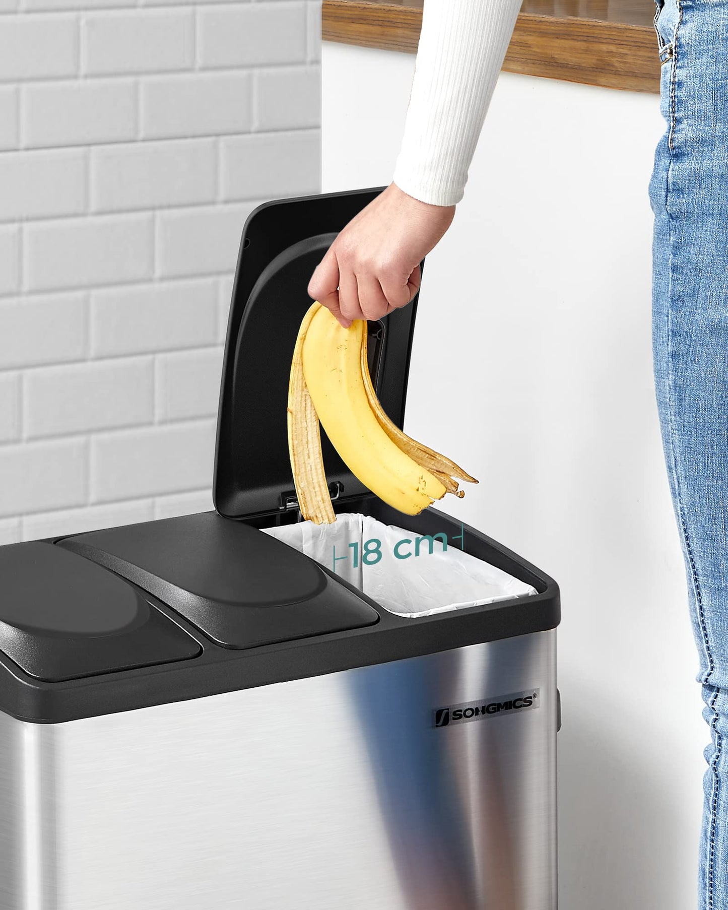 SONGMICS Kitchen Trash Can, Garbage Bin, Step Can with 3 compartments, inner bins and 6 stickers for waste separation, waste separation system, Silver-Black, 60.4 x 30 x 56.3 cm (L x W x H)