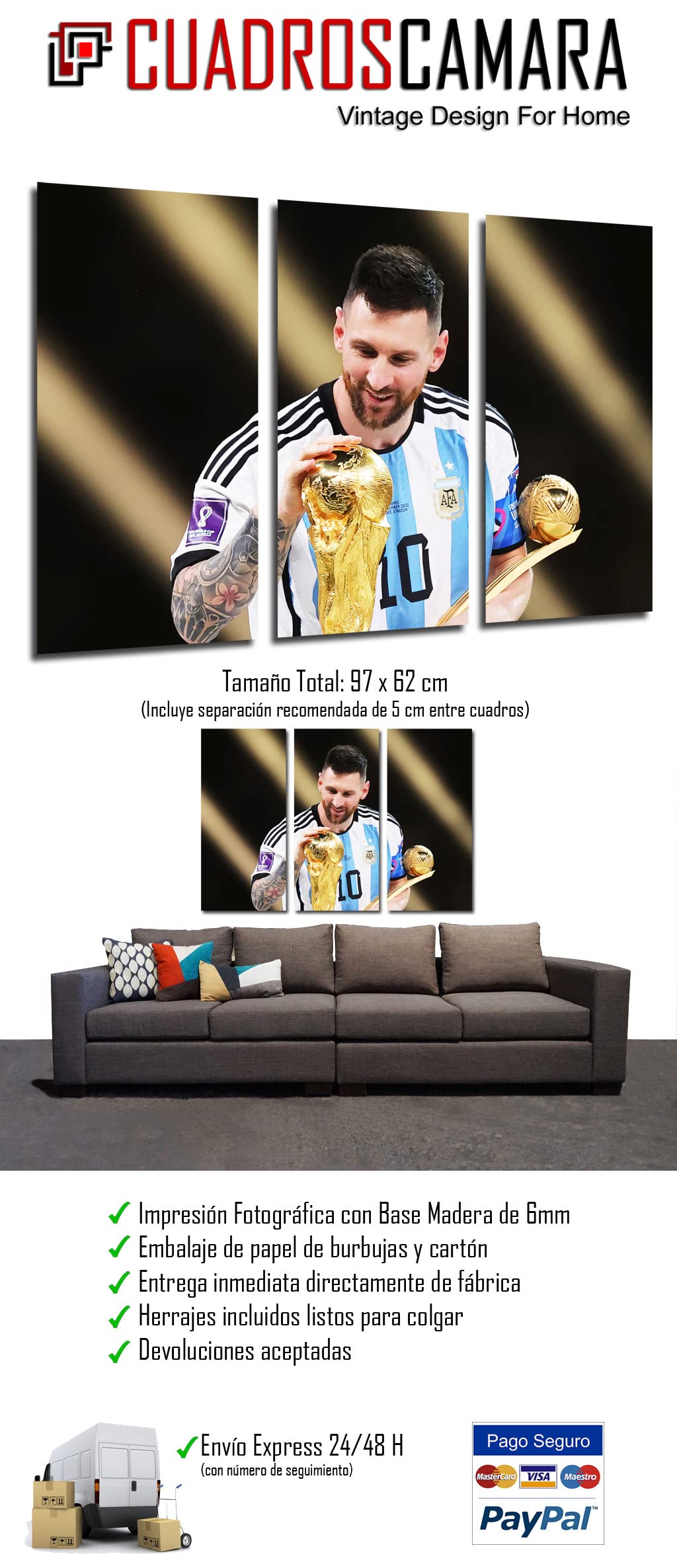 DKORARTE Modern photo canvas, soccer, World Cup, Lionel Messi, gold ball, 97 x 62 cm, Ref. 27402.